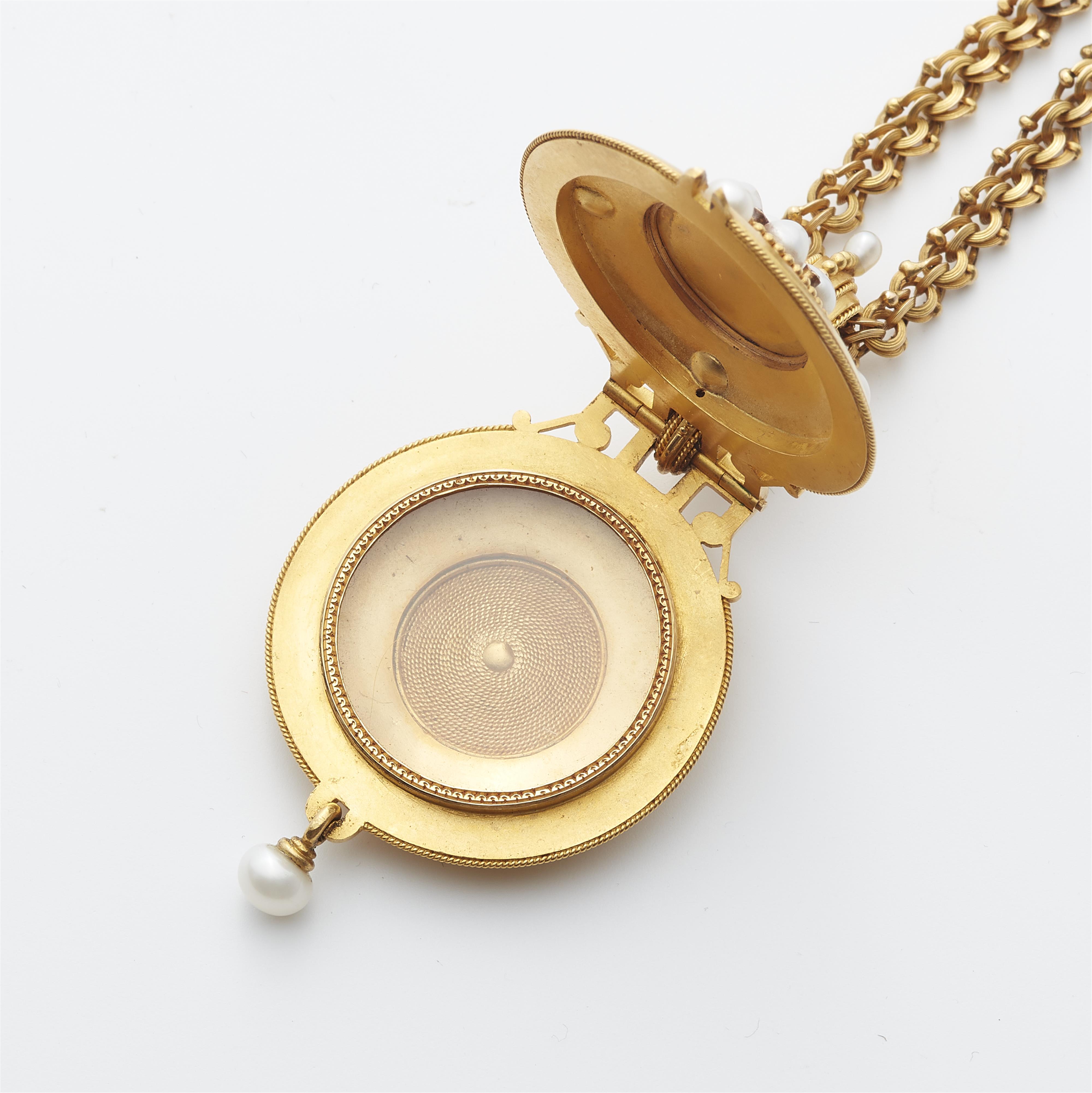 An Archeological Revival 18k gold granulation pearl and diamond locket with chain necklace. - image-4