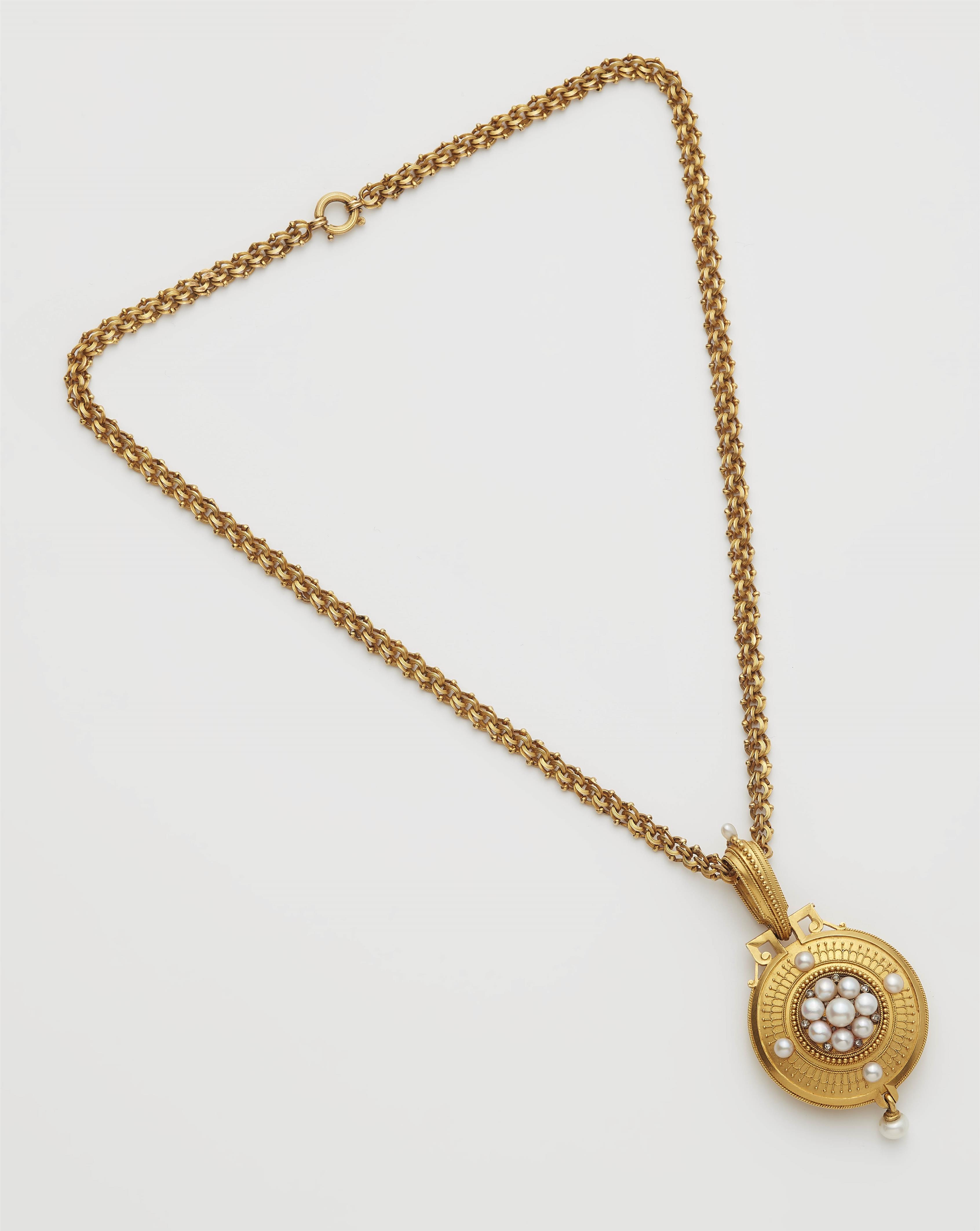 An Archeological Revival 18k gold granulation pearl and diamond locket with chain necklace. - image-1