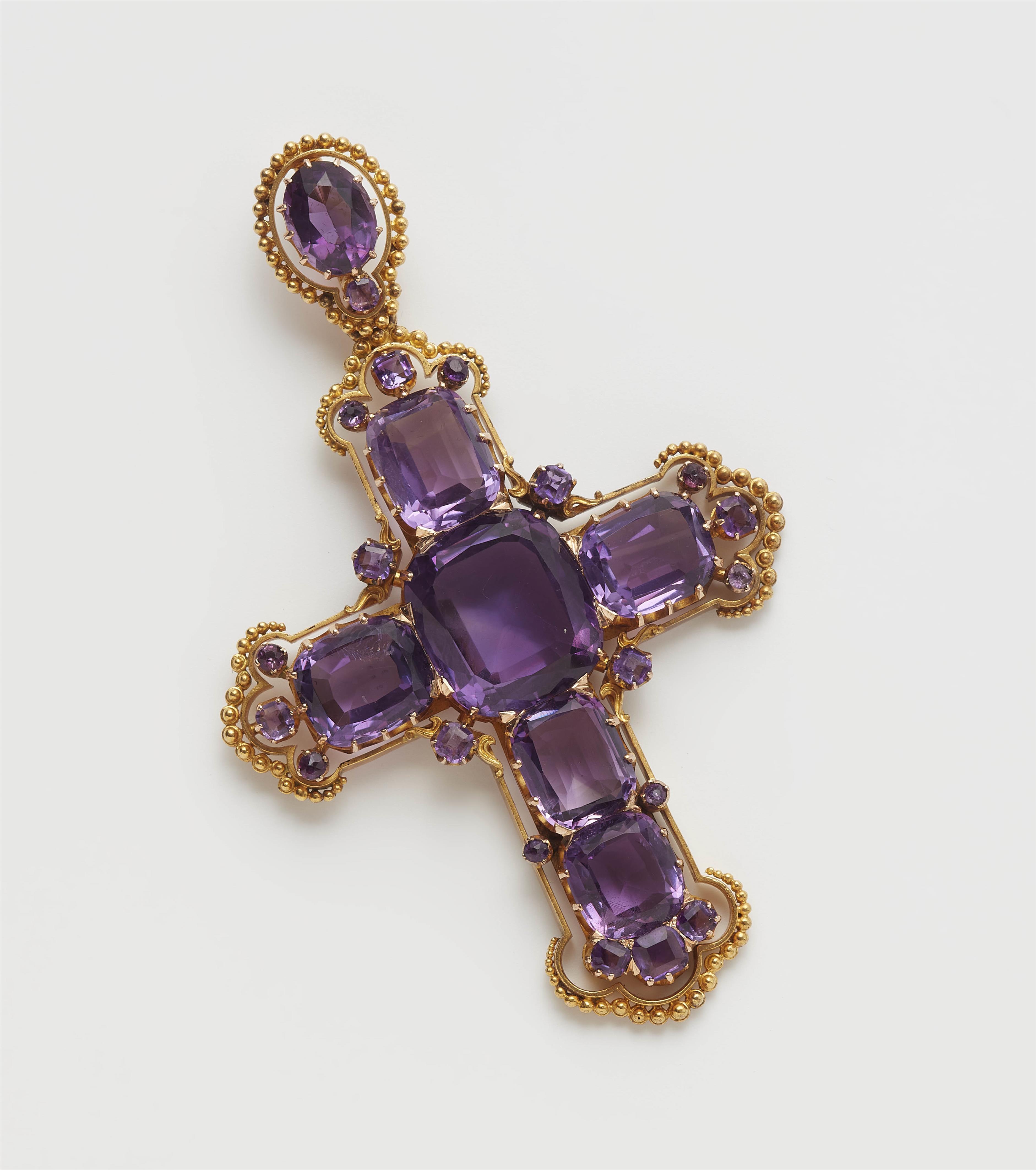 A historicist 14k gold and amethyst pectoral cross pendant. - image-1