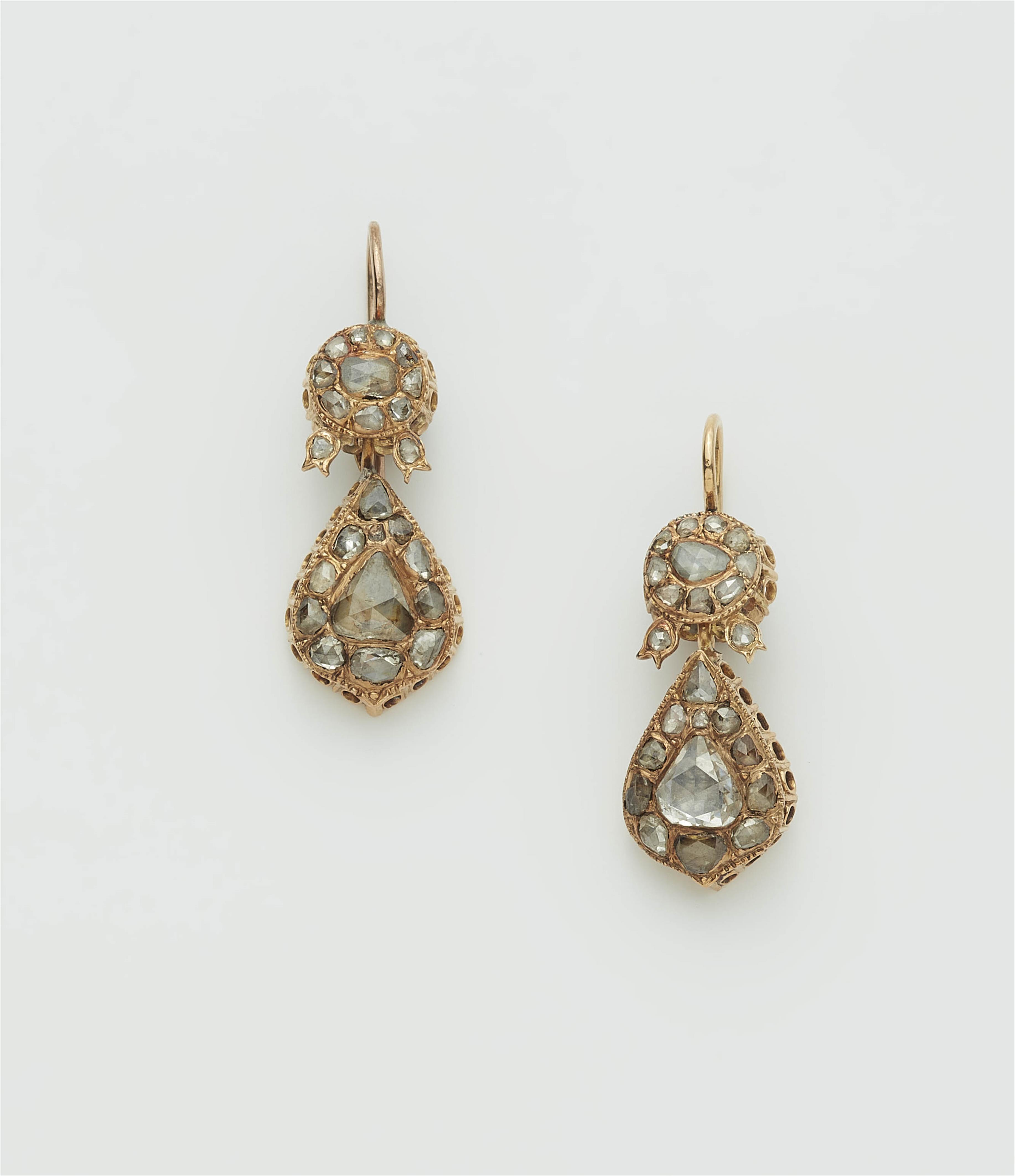 A pair of Italian 14k red gold and rose-cut diamond earrings. - image-1