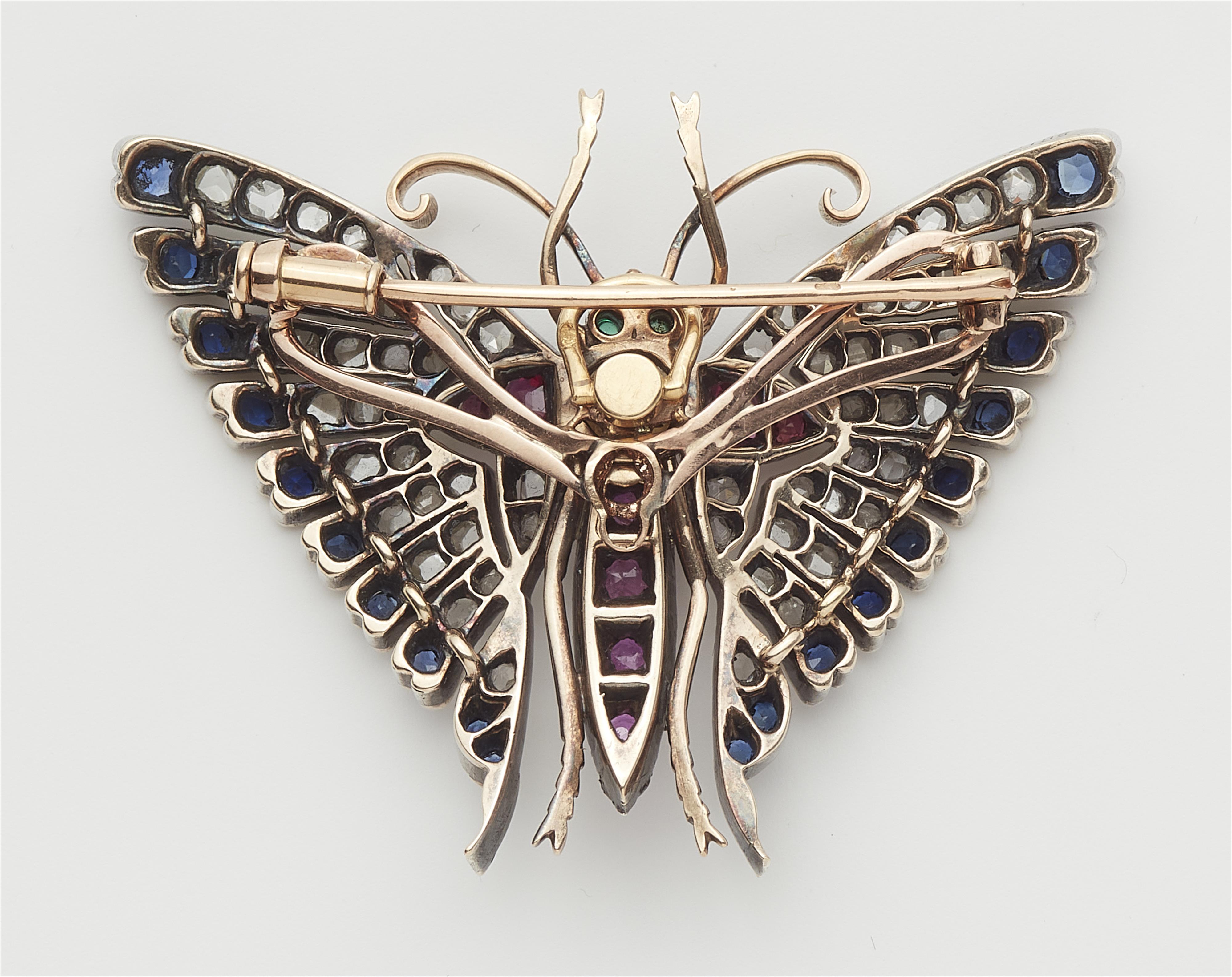 A French silver and 18k gold gem-set butterfly brooch with detachable mount. - image-2