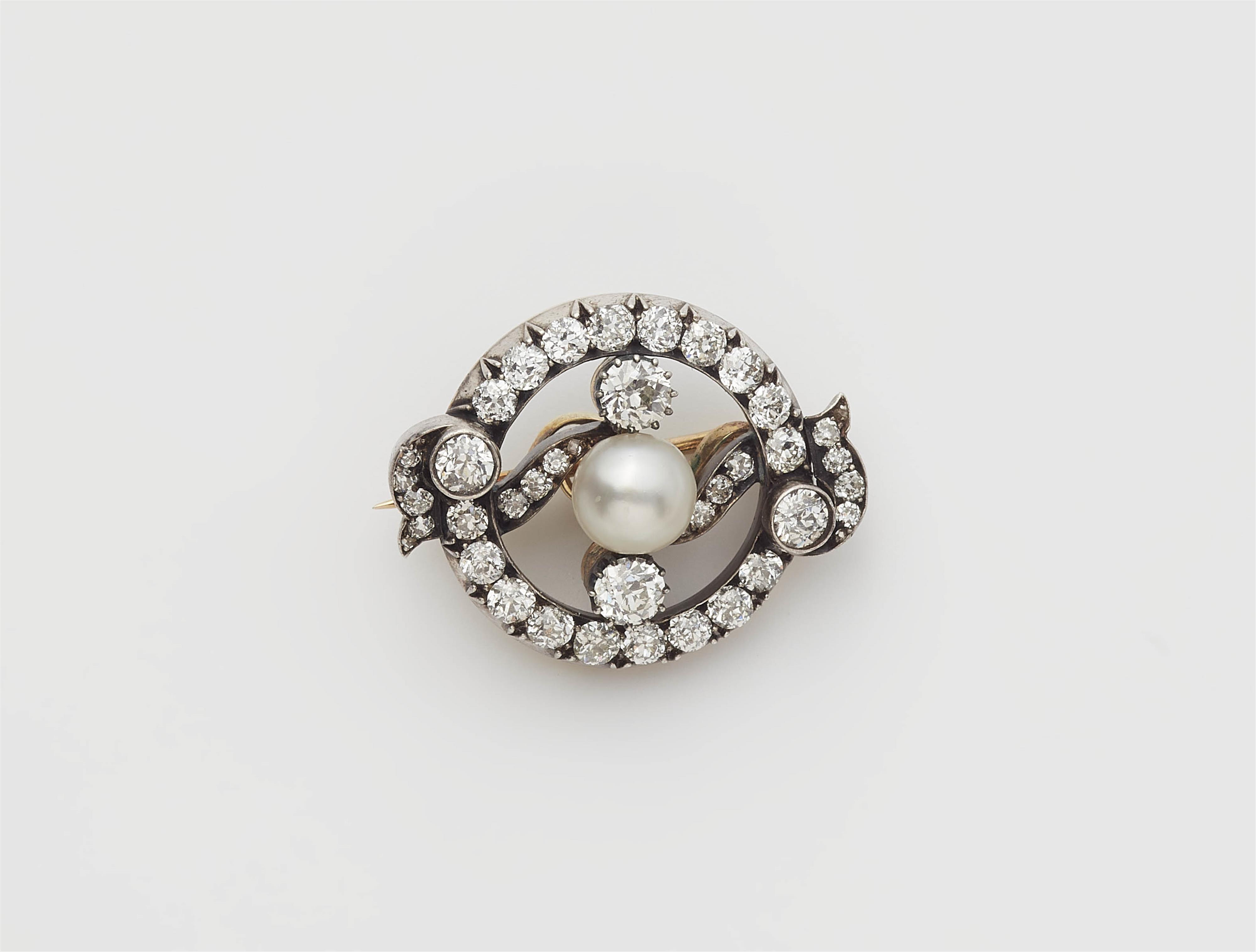 An Austrian 14k gold and European old-cut diamond brooch with a bouton pearl. - image-1