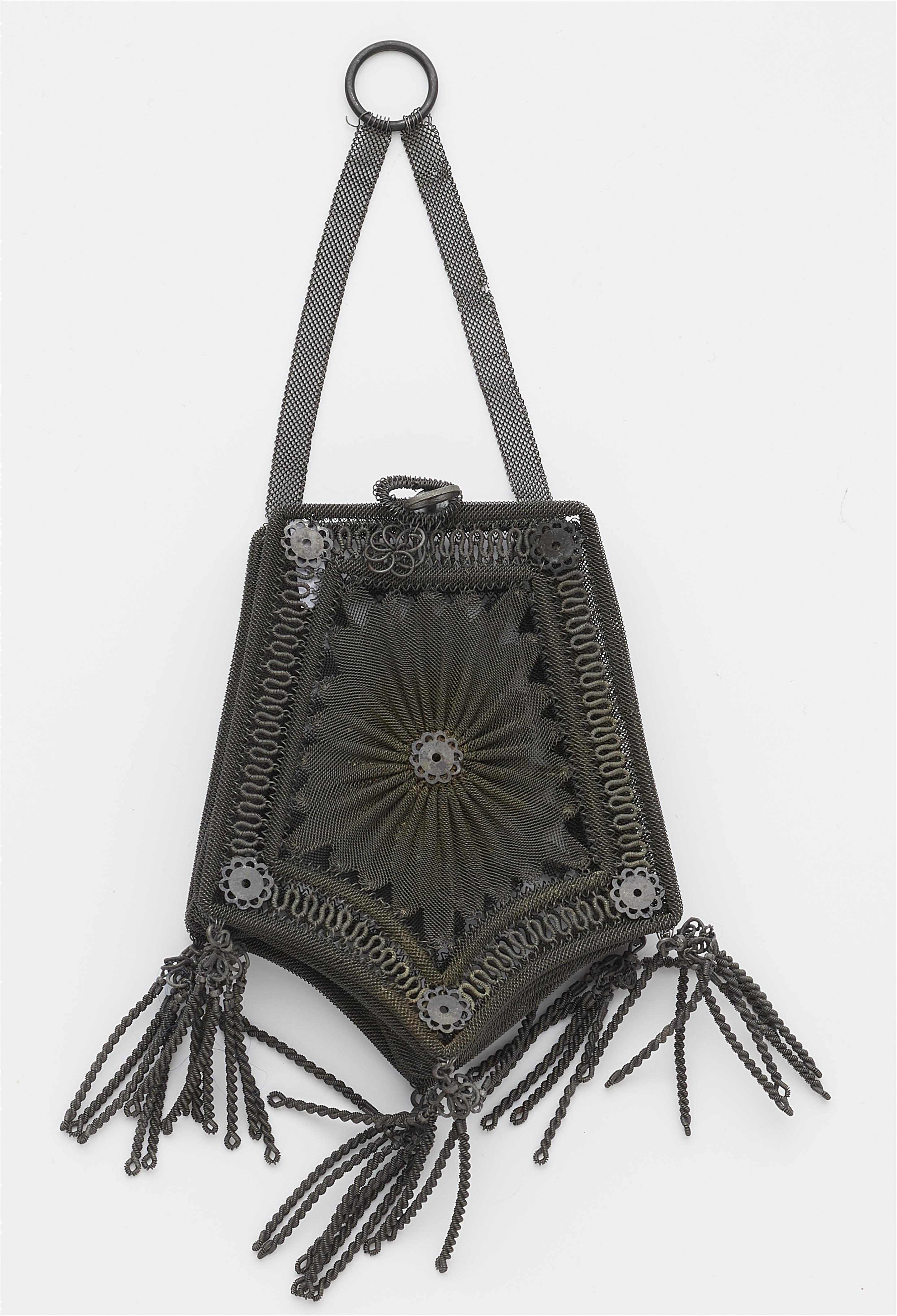 An small Berlin or Viennese gauze-like pouch woven from steel wire with tassel pendants. - image-2