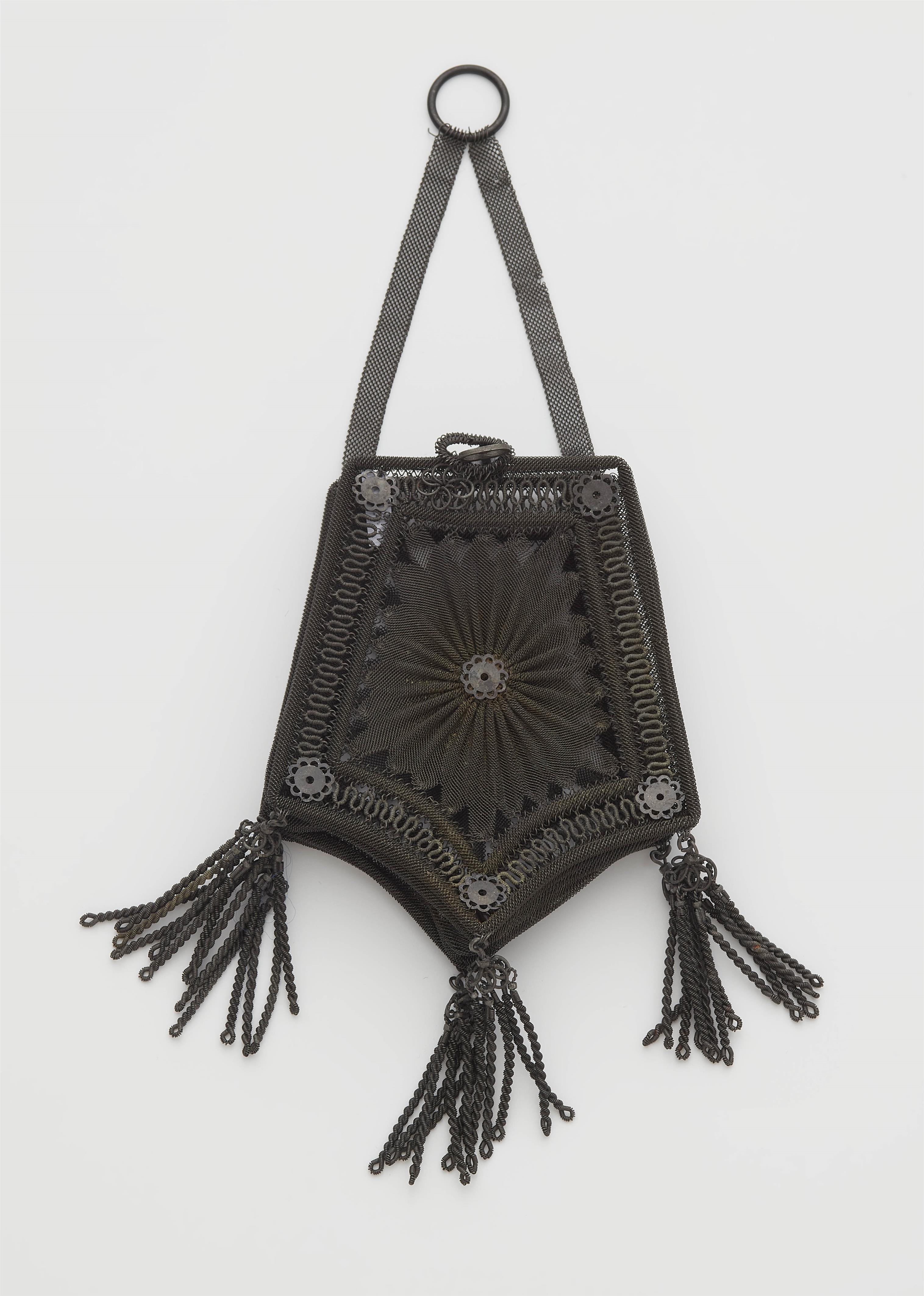 An small Berlin or Viennese gauze-like pouch woven from steel wire with tassel pendants. - image-1