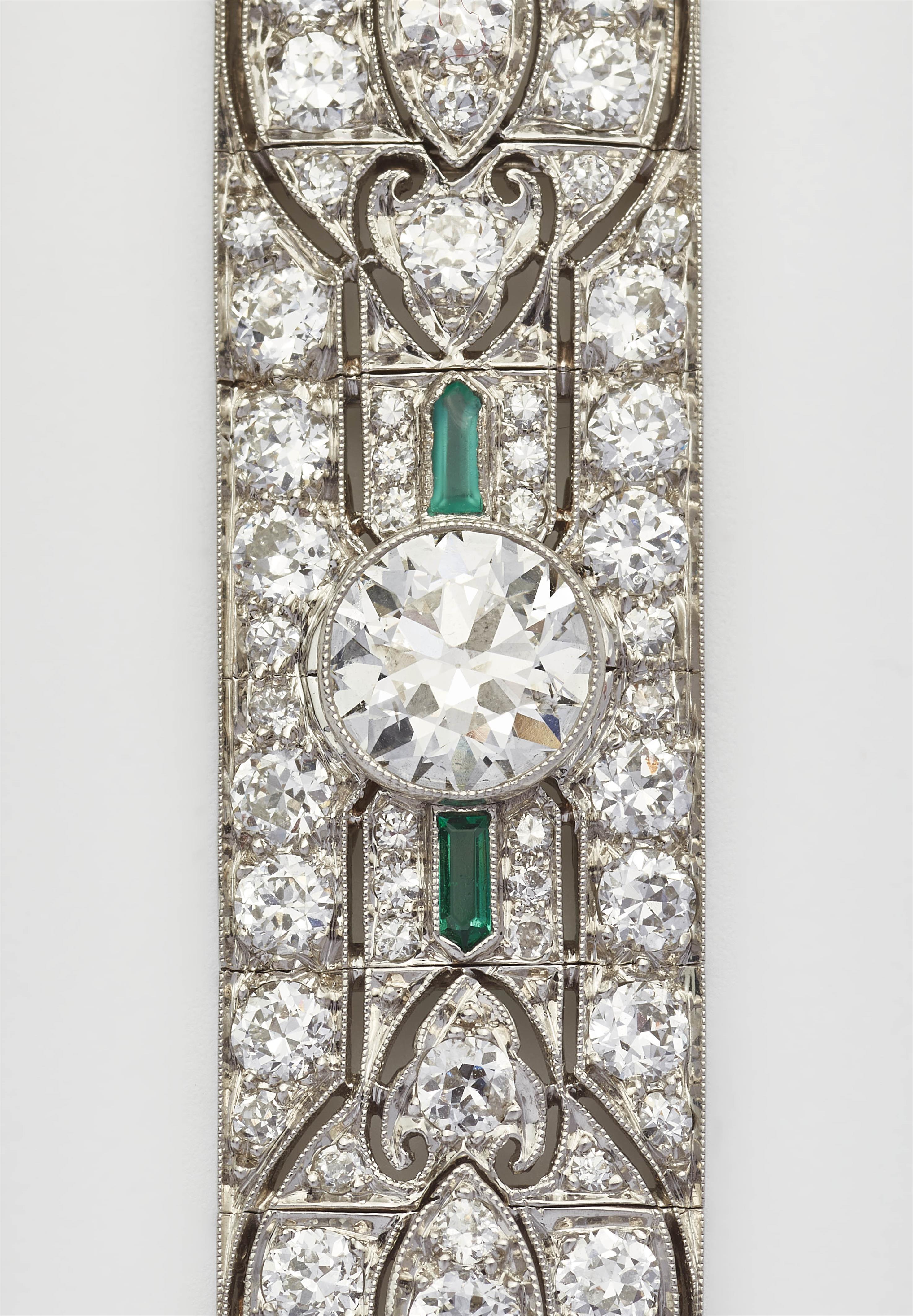 An Art Déco platinum diamond and emerald bracelet. - image-2