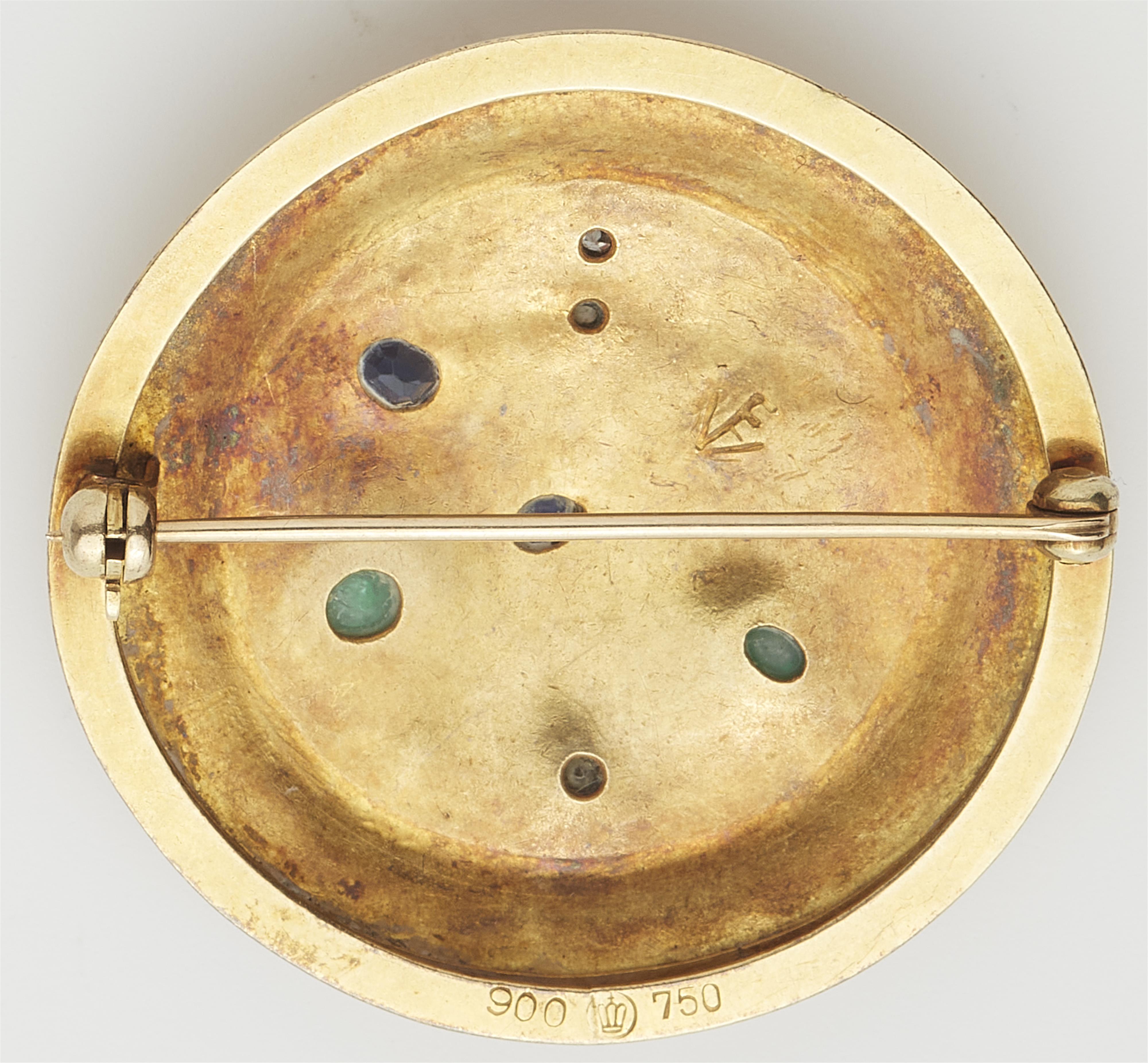 A German 18/21k gold granulation pearl and gemstone disc brooch. - image-2