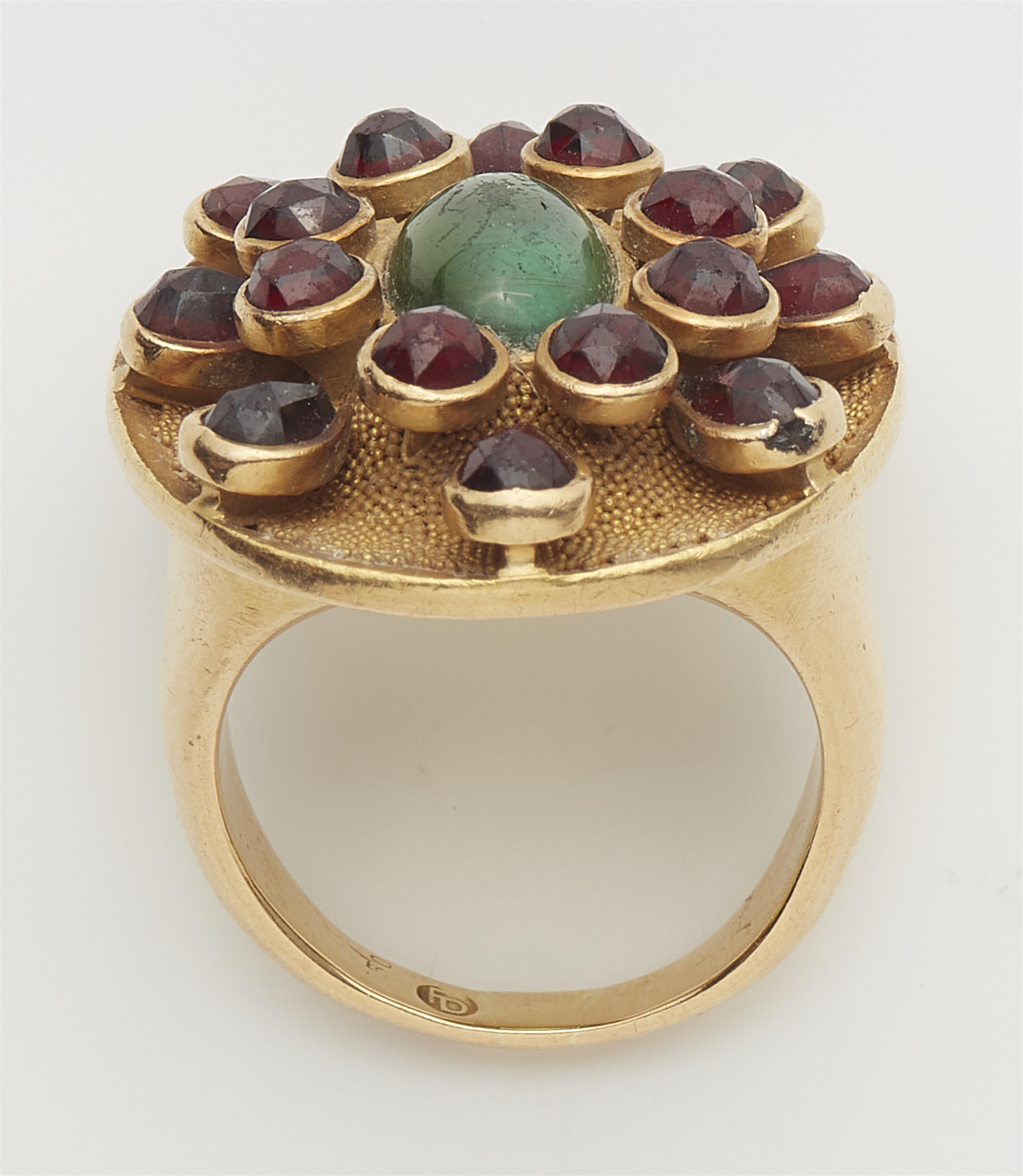 A German 18k gold green tourmaline and garnet gentleman's ring. - image-3