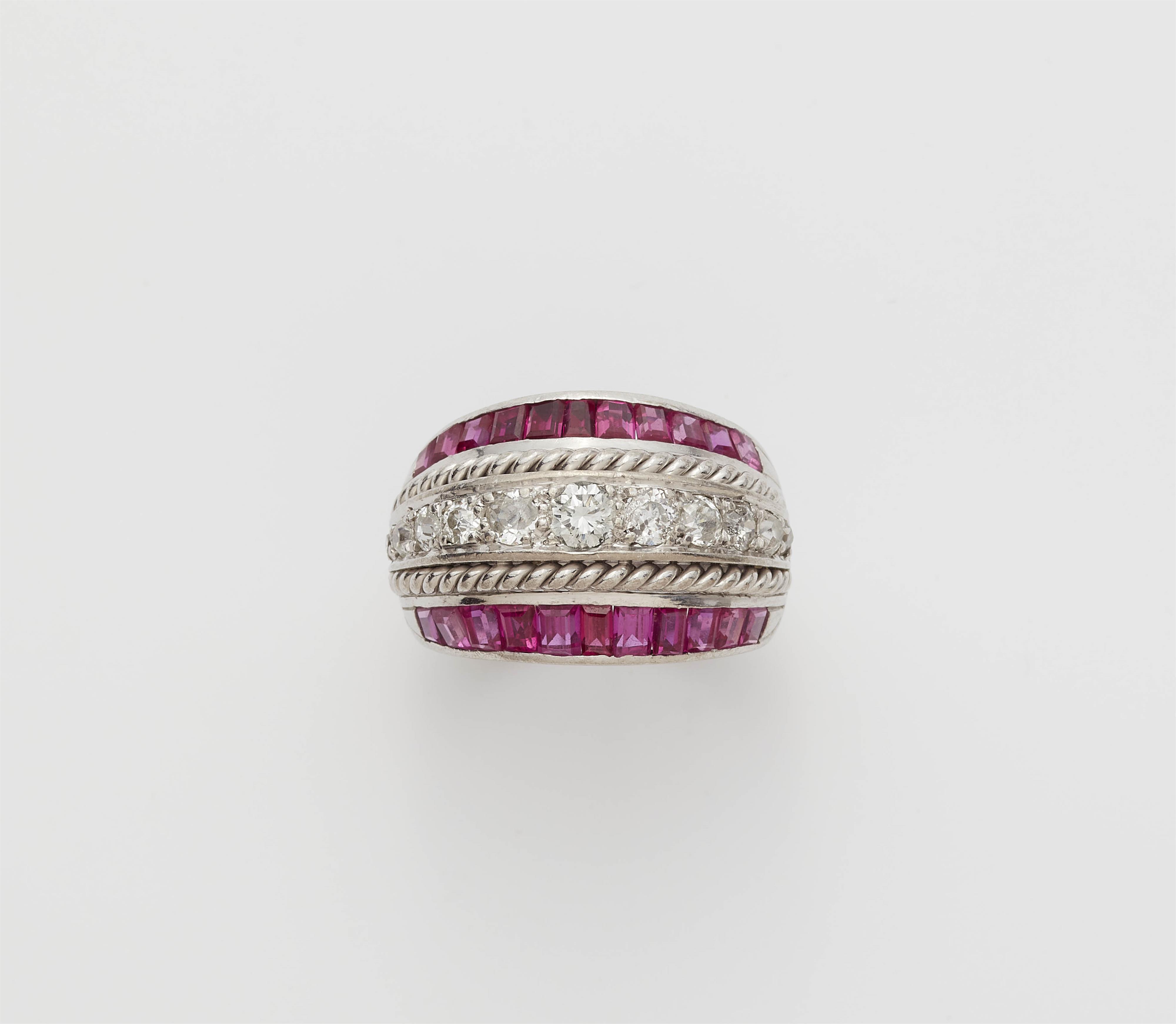 An Art Déco 18k gold diamond and synthetic ruby cocktail ring. - image-1