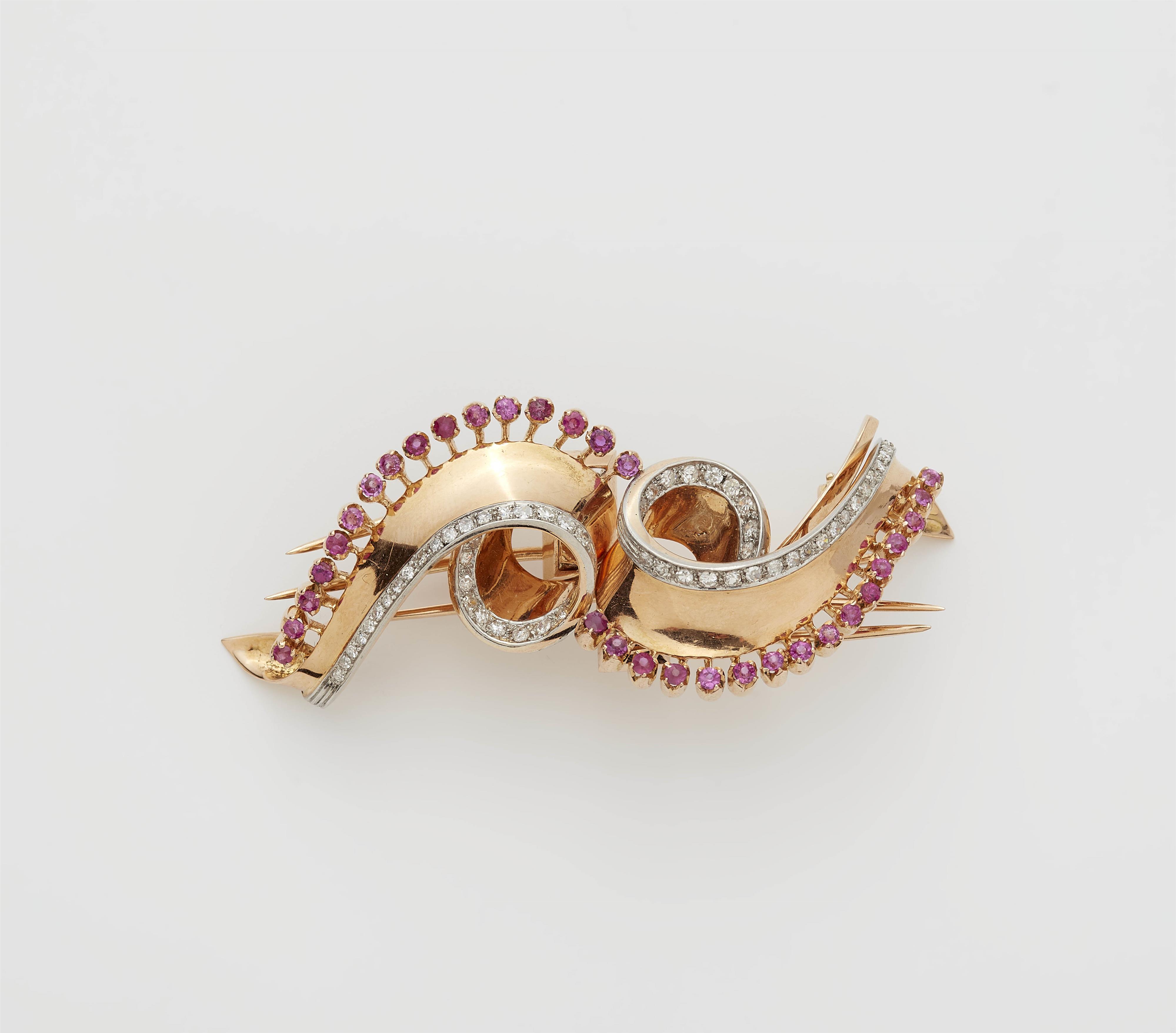 An Italian 18k rose gold diamond and ruby double clip brooch. - image-1