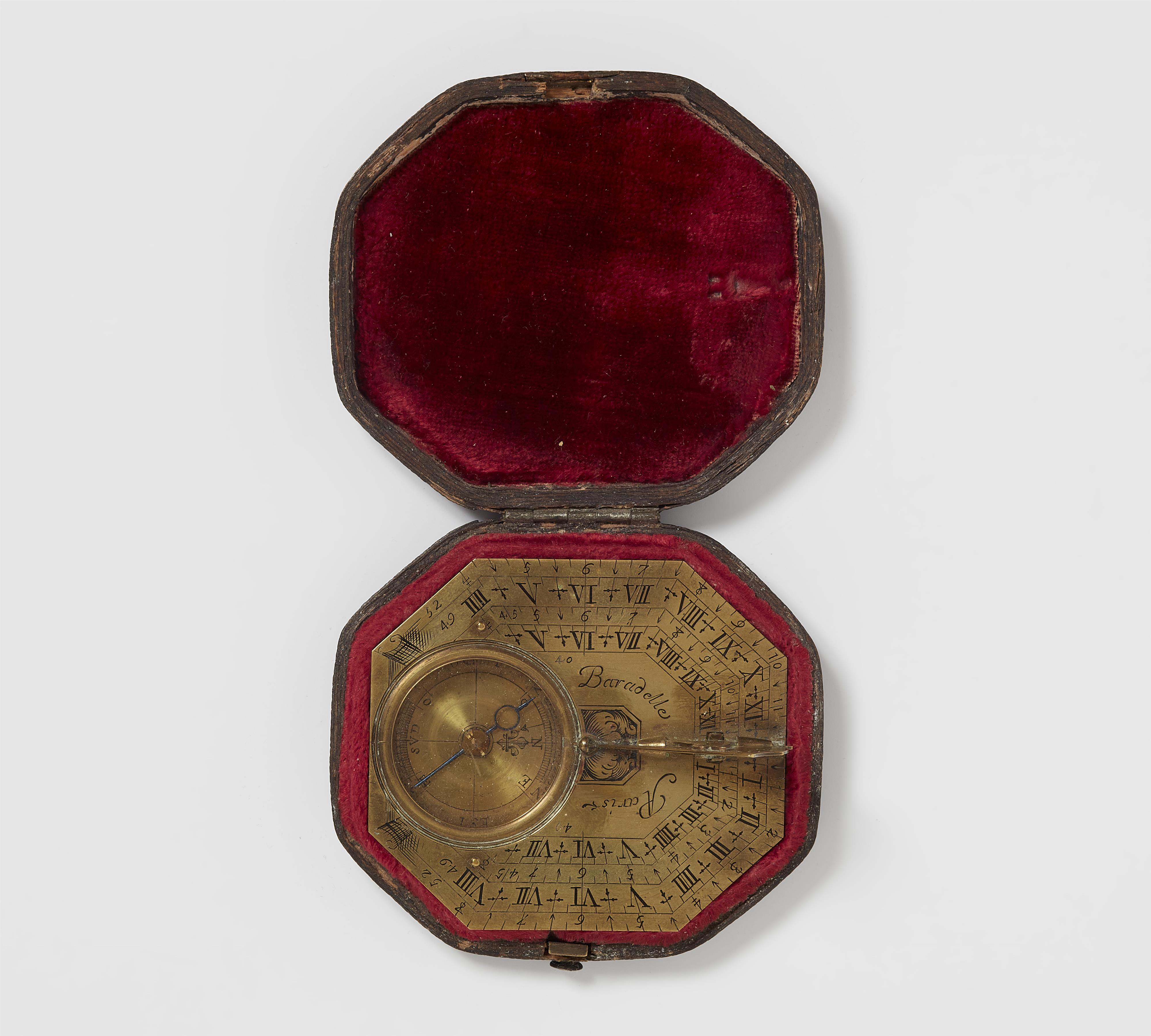 A brass sundial and compass in the original leather case - image-1