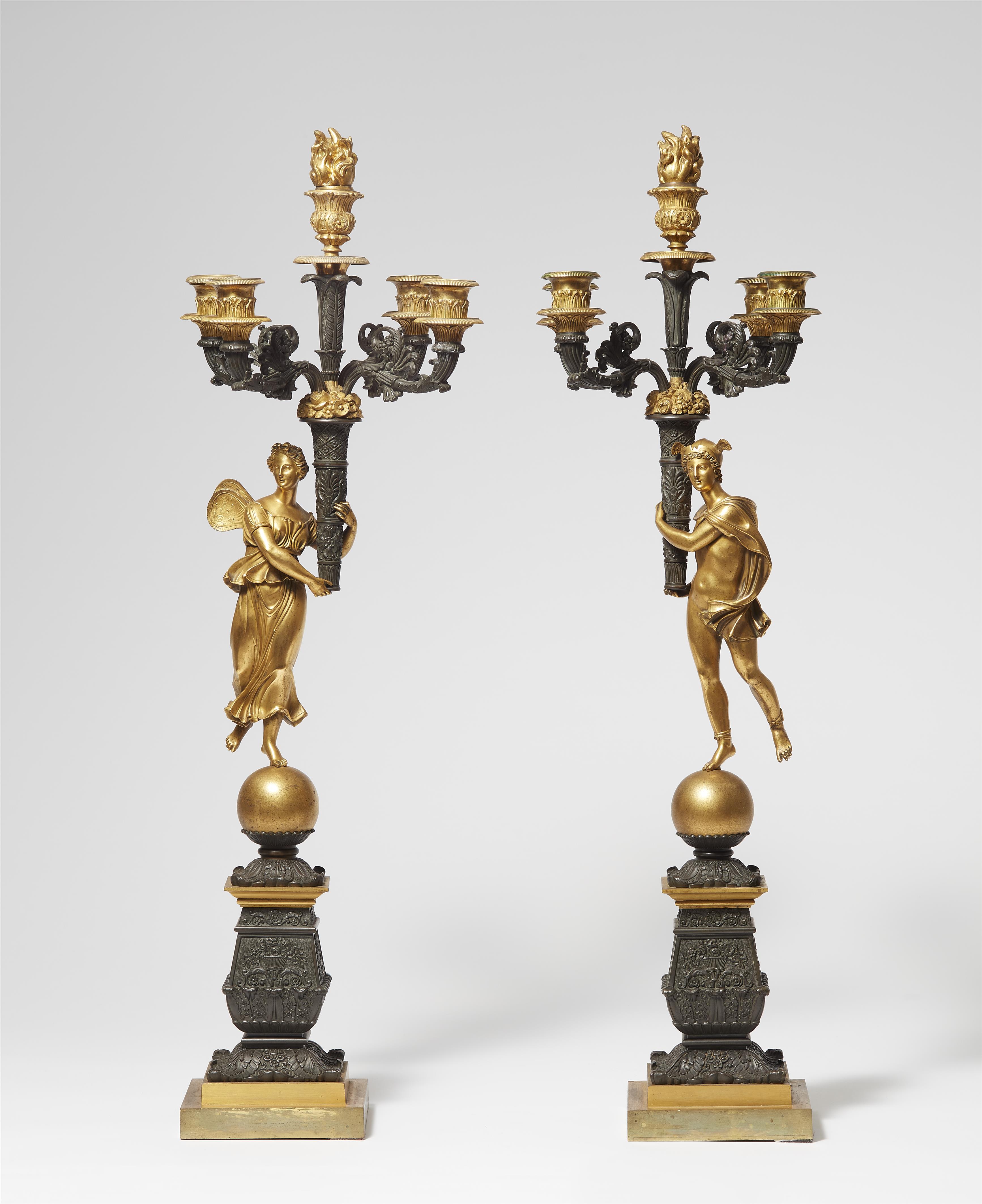 A pair of gilt and patinated bronze candelabra with Mercury and Psyche - image-1