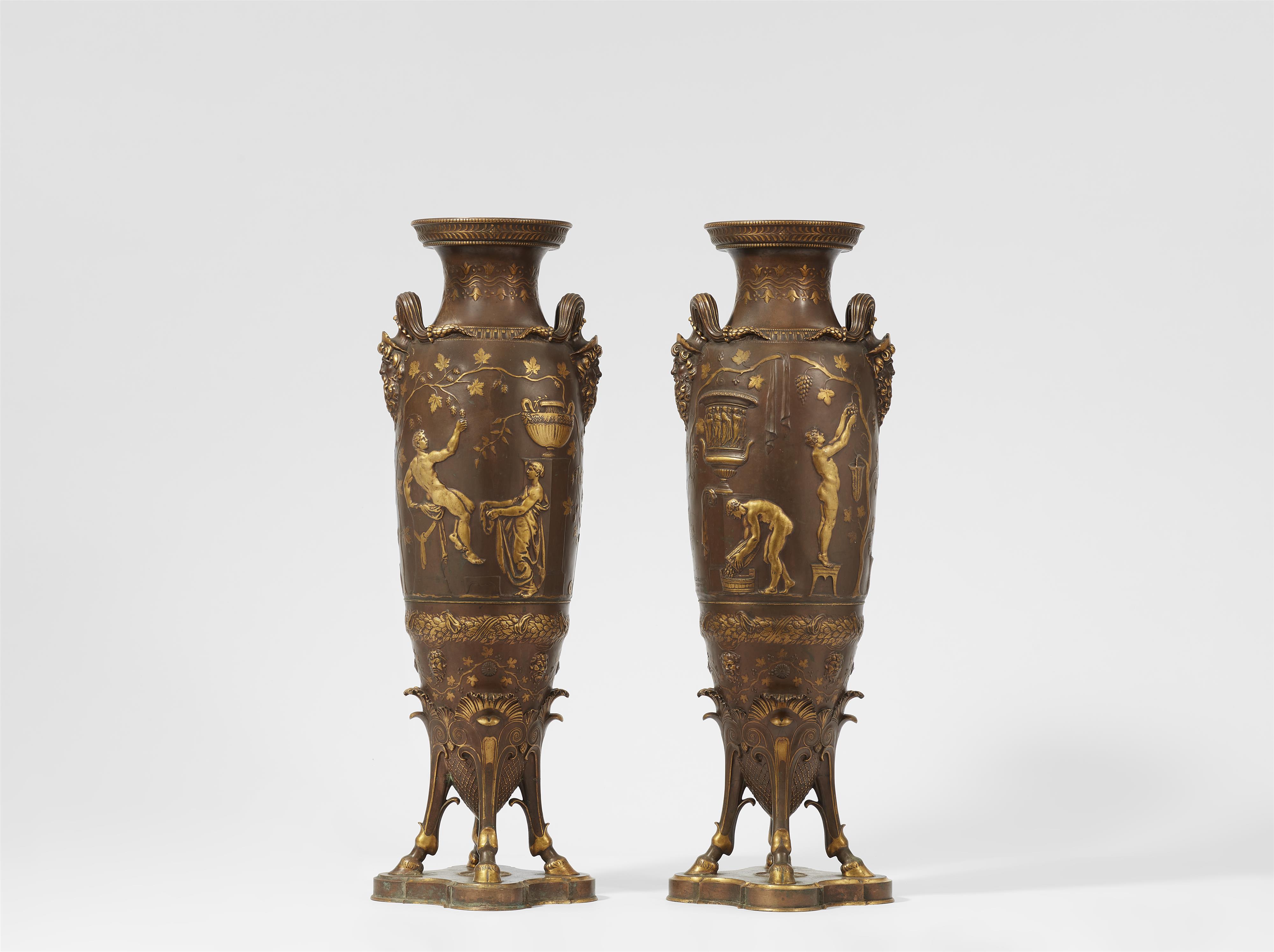 A pair of Parisian gilt and patinated bronze amphora vases "Bacchus" and "Ariadne" - image-1