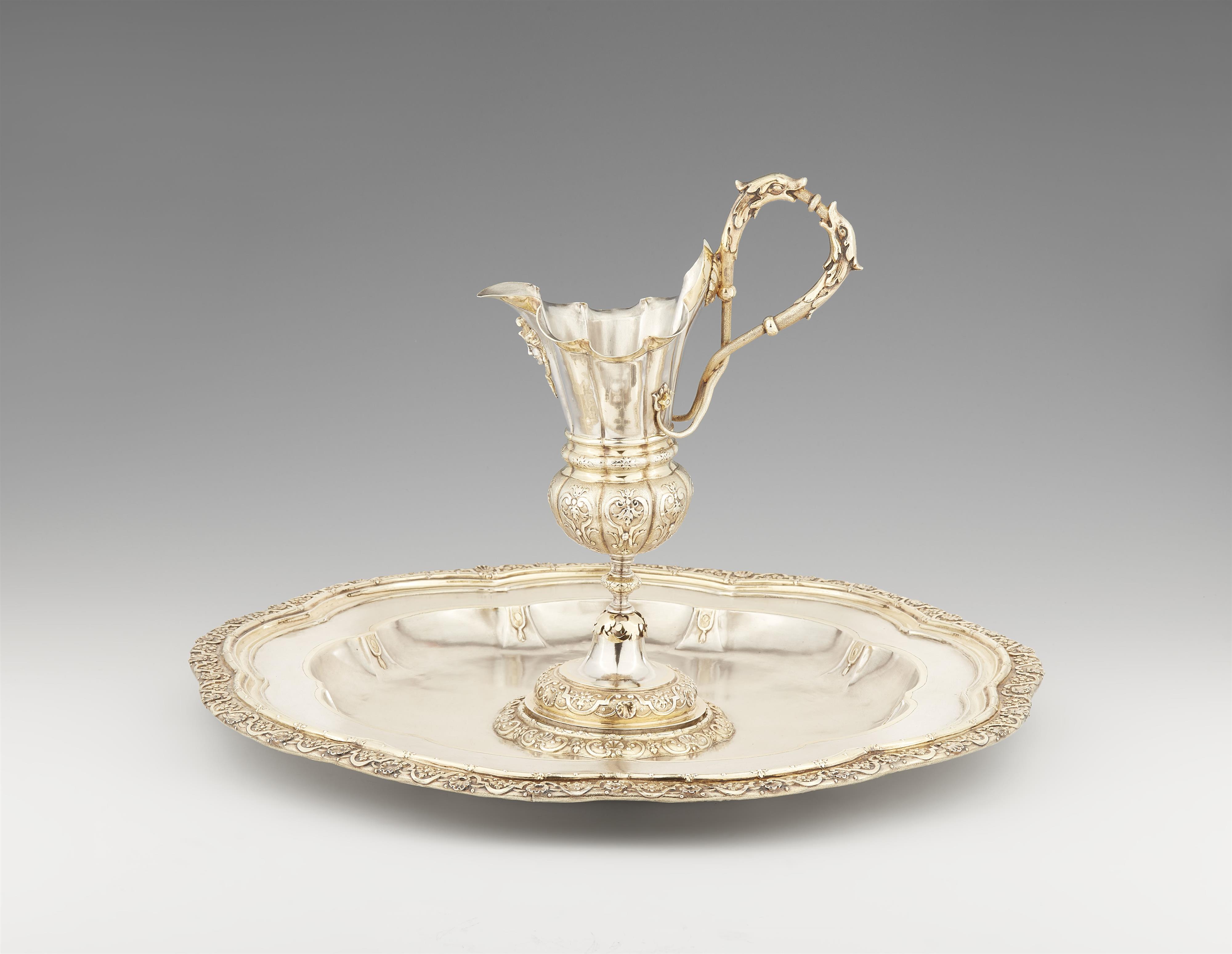 A museum quality parcel gilt Augsburg silver ewer and basin - image-1