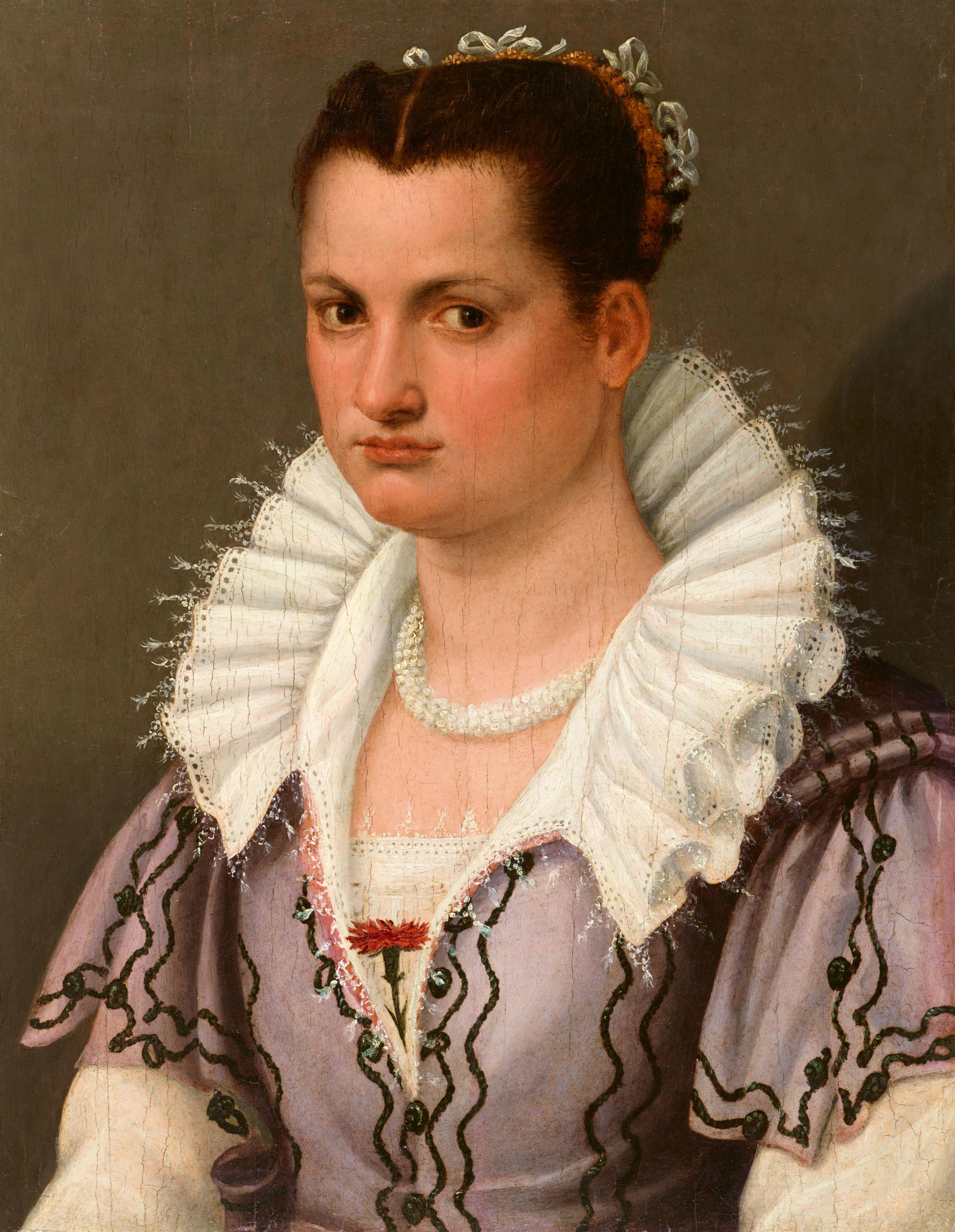 Florentine School late 16th century - A portrait of a lady, bust length, in a pink dress and a white lace chemise, with a carnation and a pearl necklace - image-1