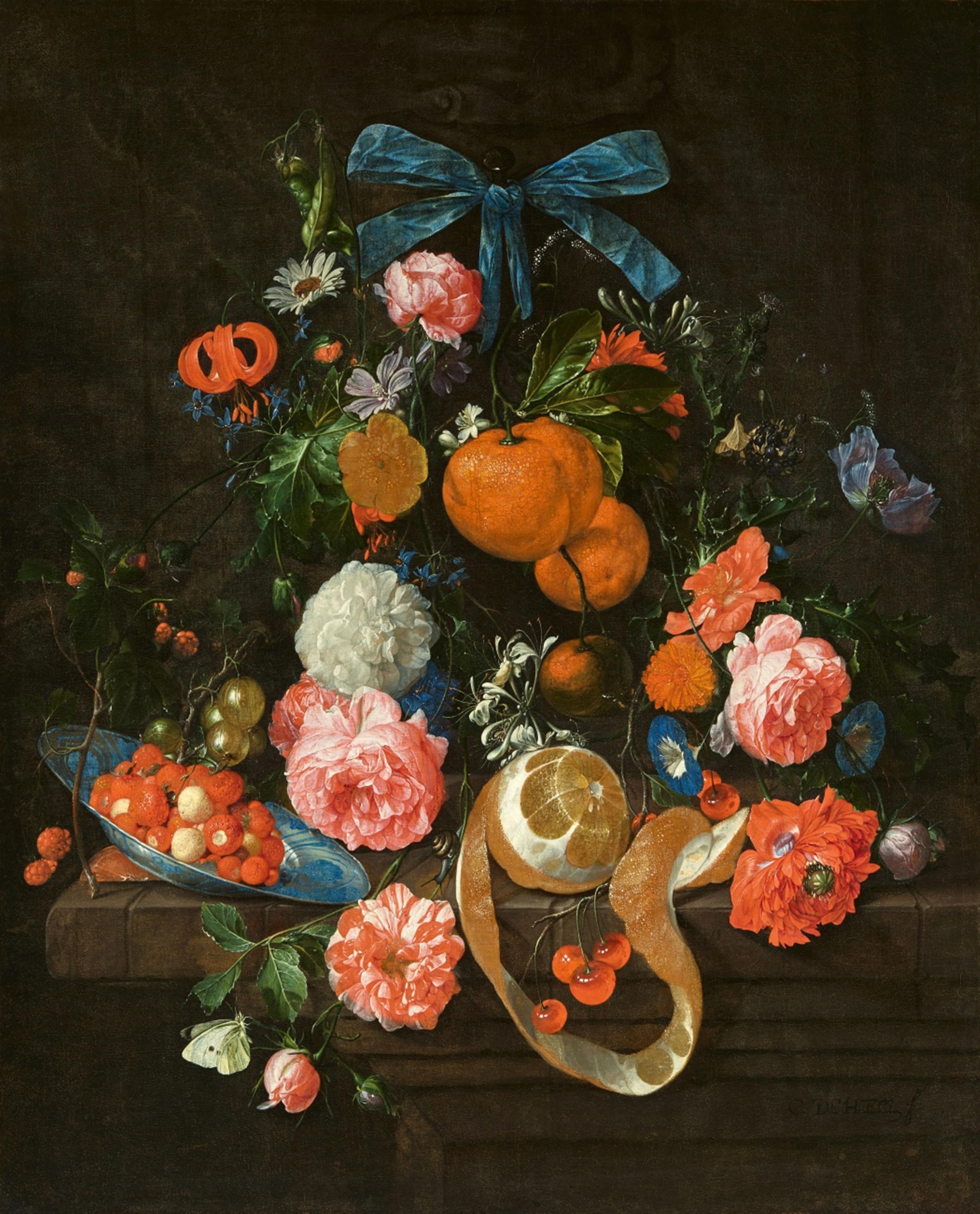 Cornelis de Heem - Still Life with Oranges, Roses, and Flowers on a Stone Ledge with Berries in a Wan Li Bowl, a Peeled Lemon, Cherries and Goosberries - image-1