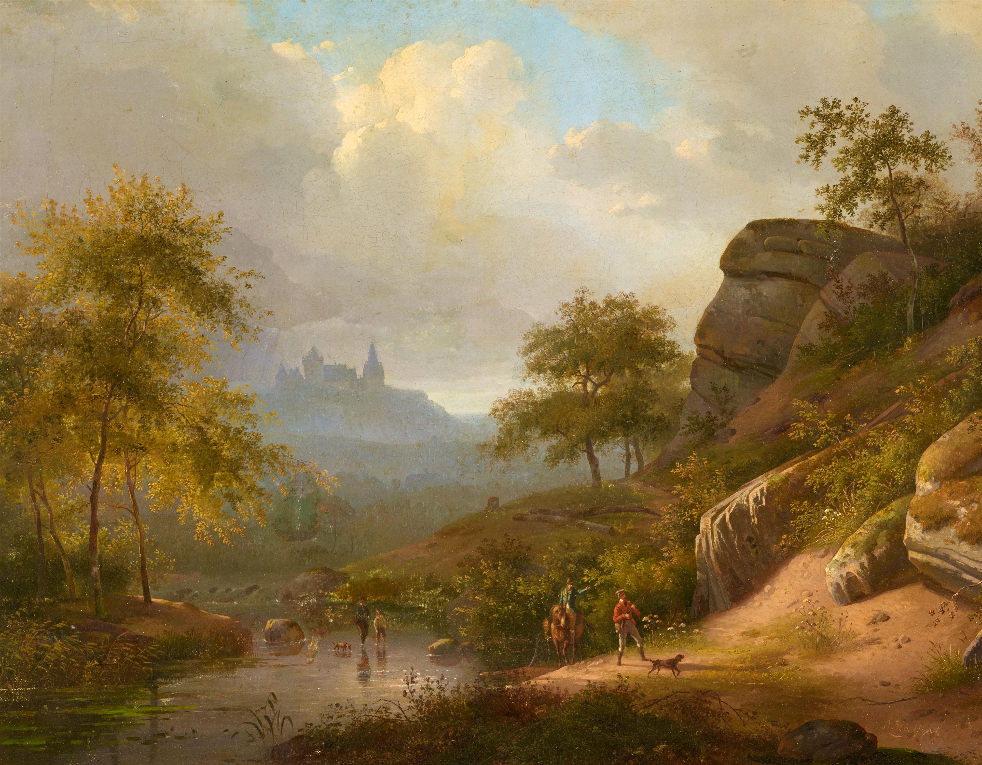 Andreas Schelfhout - Landschaft mit Burg und Staffagefiguren - image-1