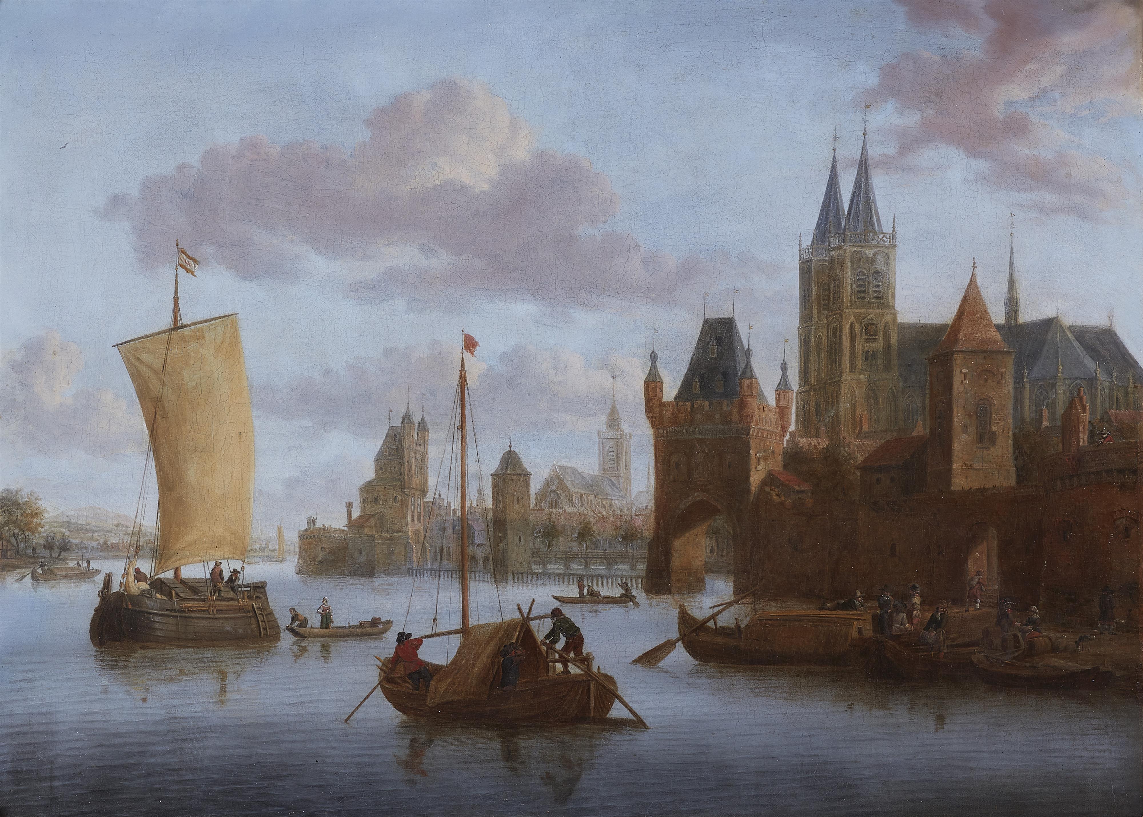 Jacobus Storck - Harbour Scene with a Church and Buildings on the Right - image-1