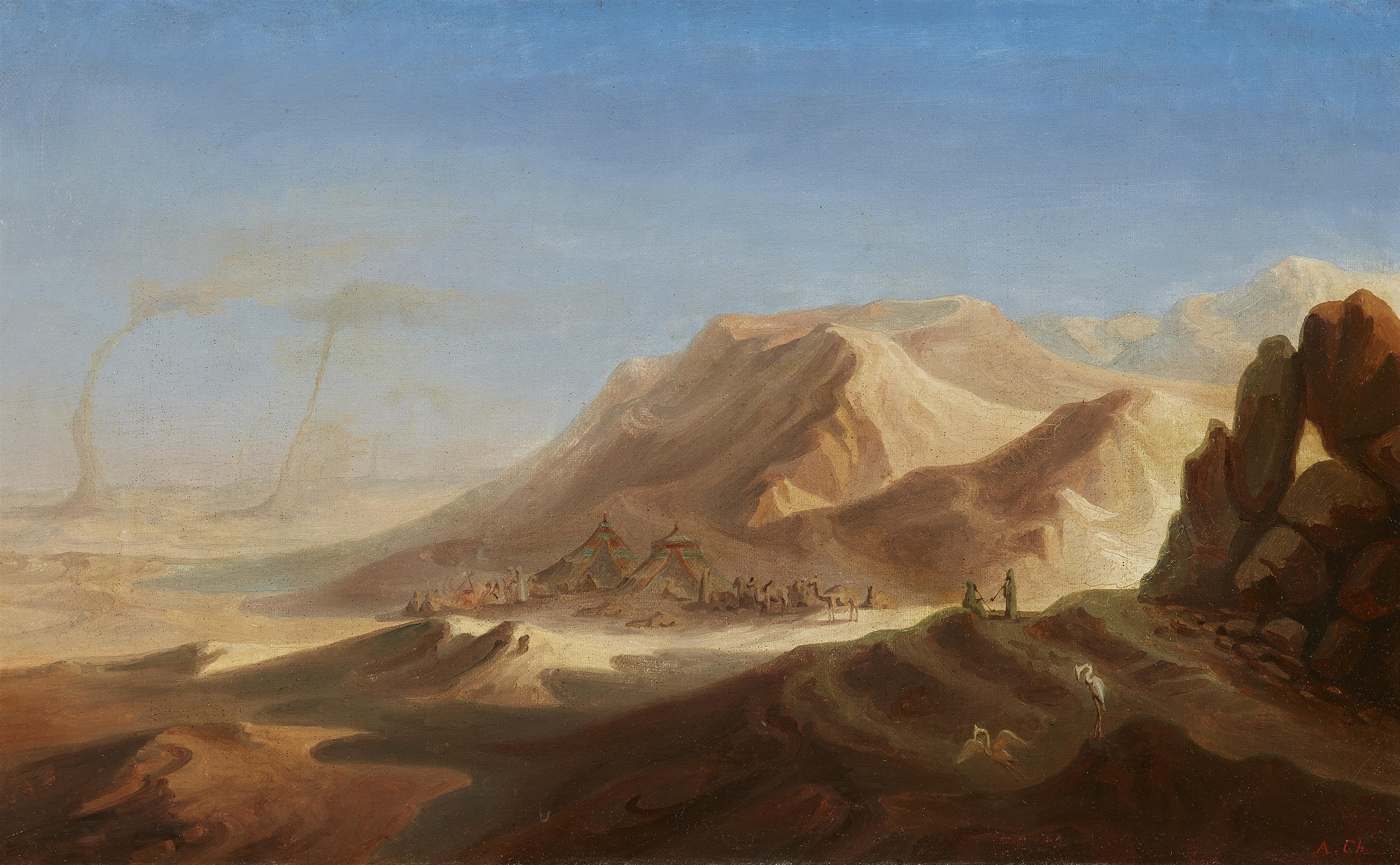 French Artist 19th century - Desert Landscape with Bedouin Camp - image-1