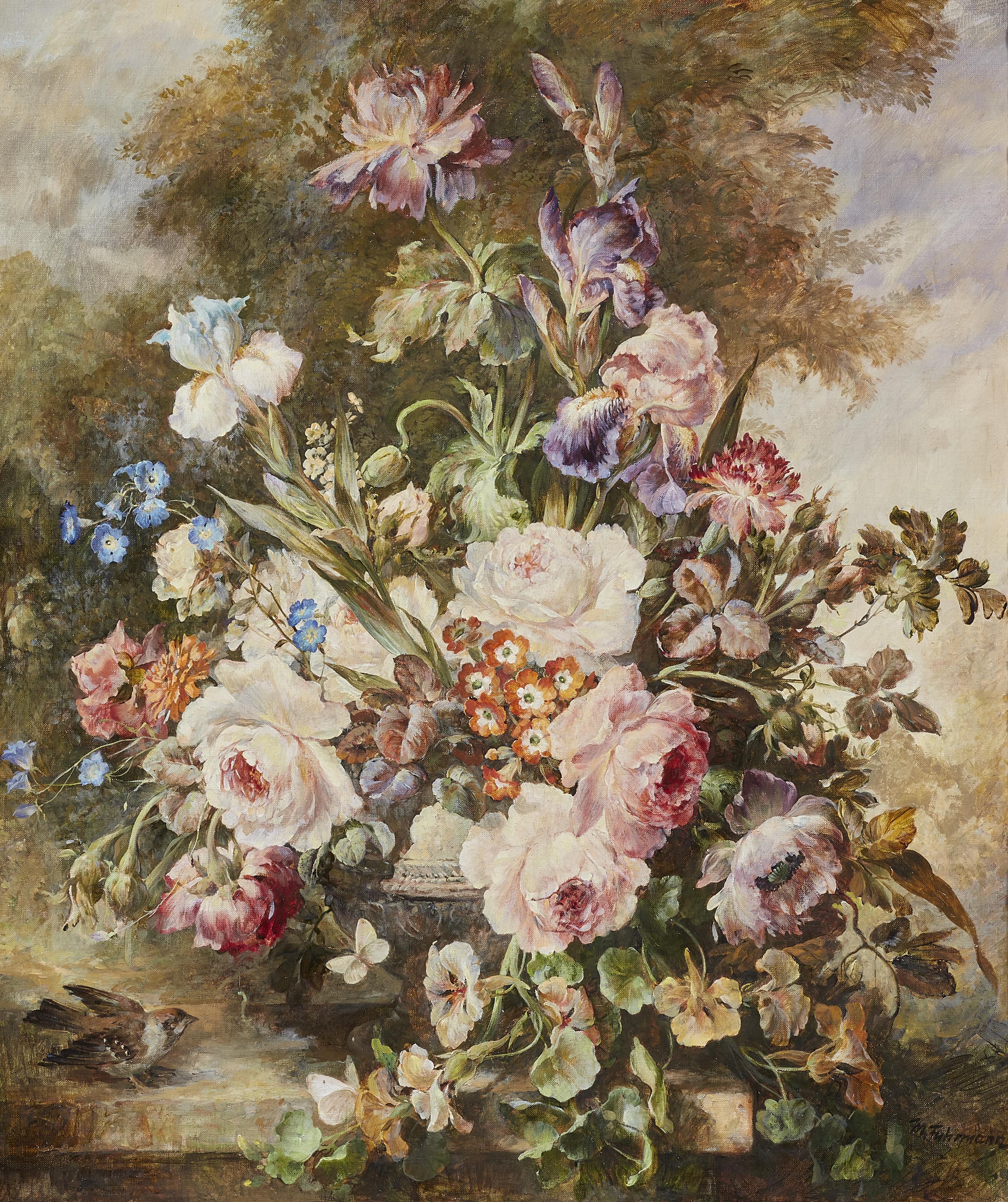 Max Fuhrmann - Bouquet with Peonies, Iris, Forget-Me-Nots and Nasturtiums in a Landscape - image-1