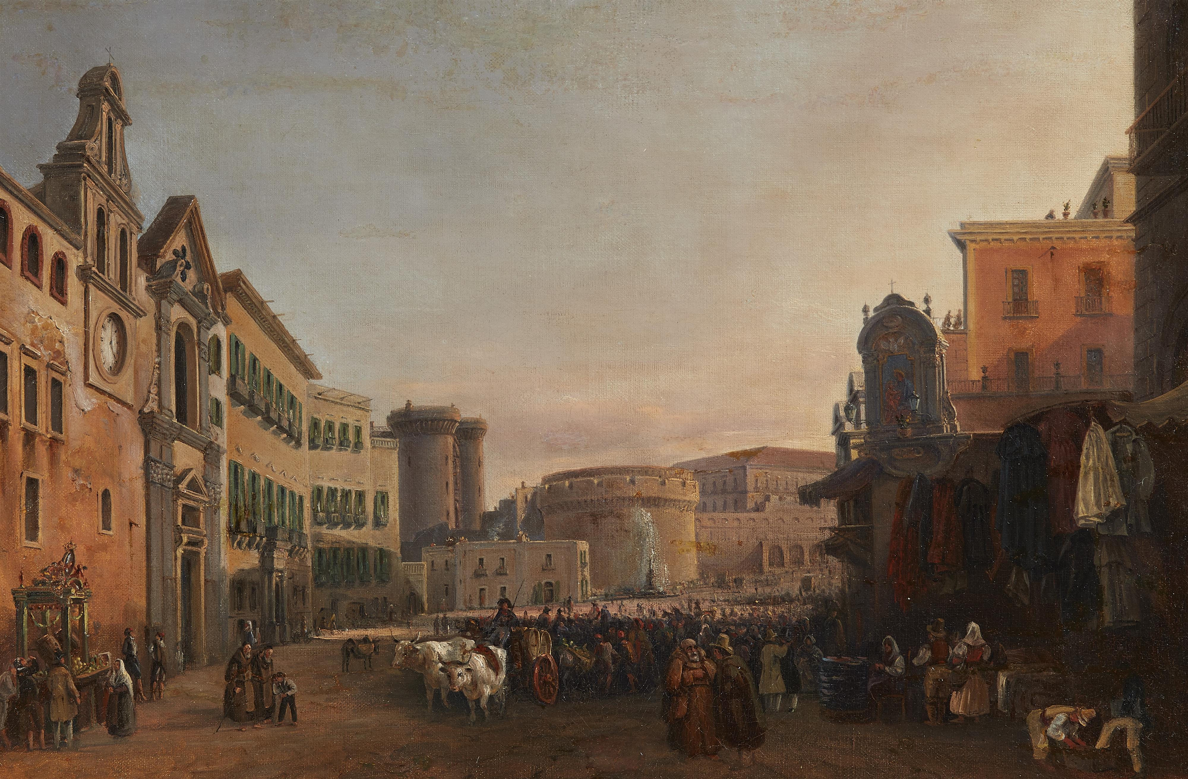 Unknown Artist 19th century - A busy street in Naples with the Castel Nuovo in the background - image-1