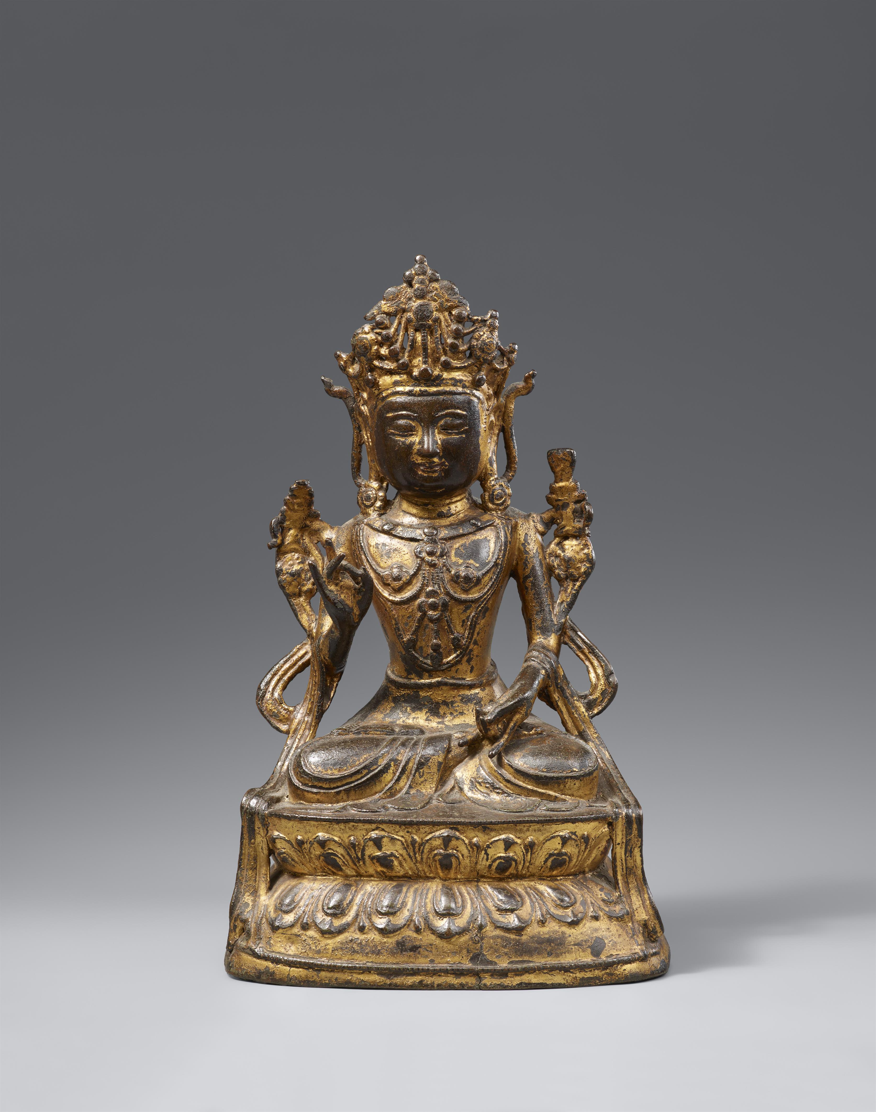 A gilded and lacquered bronze figure of a bejewelled bodhisattva. Ming dynasty, probably early 15h century - image-1