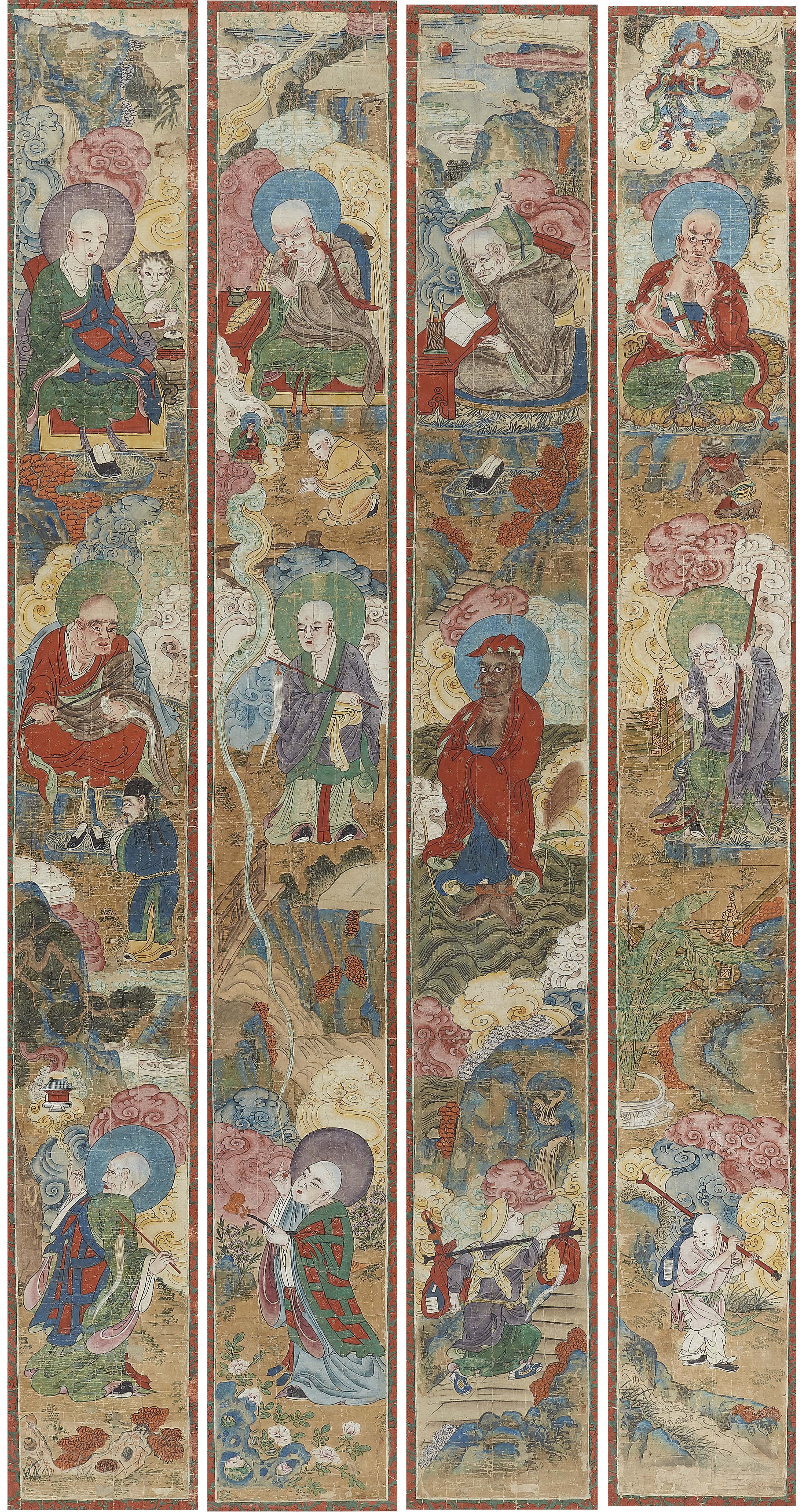 Nach Ding Yunpeng . Qing-Zeit - Vier Hängerollen mit einer Darstellung von zwölf Luohan. - image-1