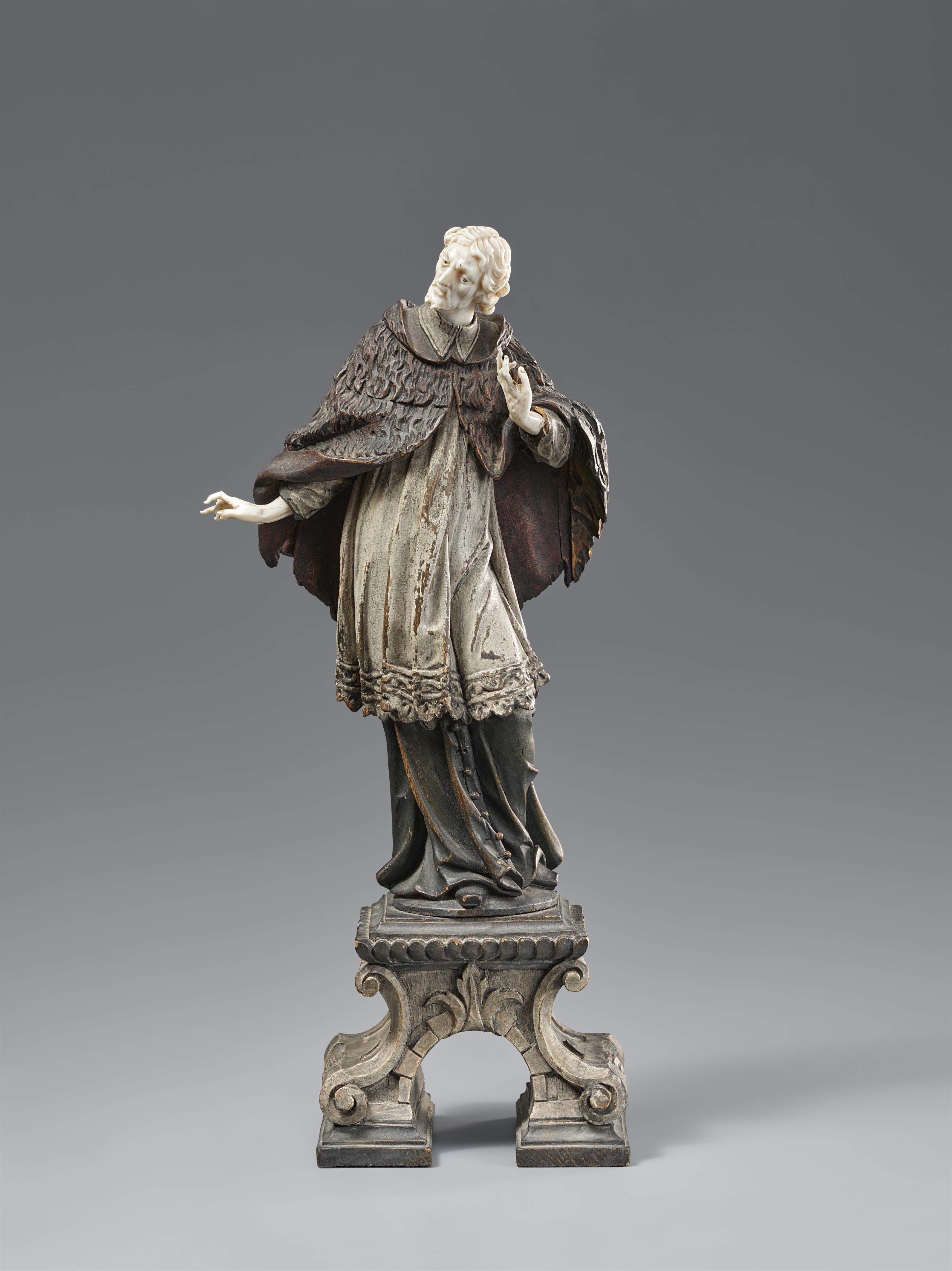 An Indo-Portuguese painted wood and ivory figure of Saint John of Nepomuk. 18th century. Possibly Iberian. - image-1