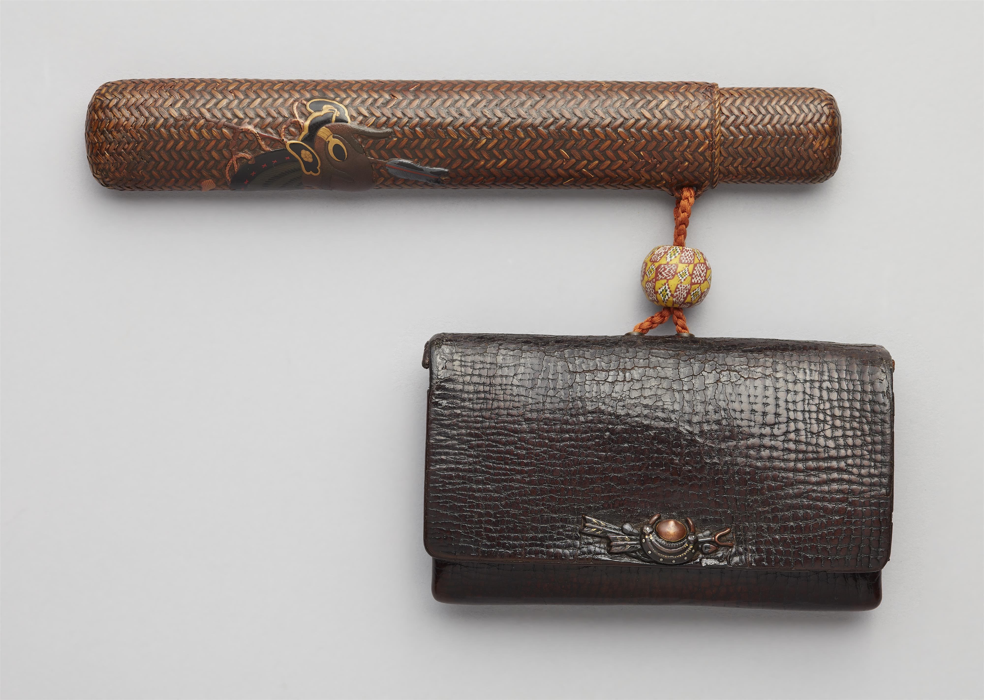 A leather and wickerwork tobacco set. Second half 19th century - image-1