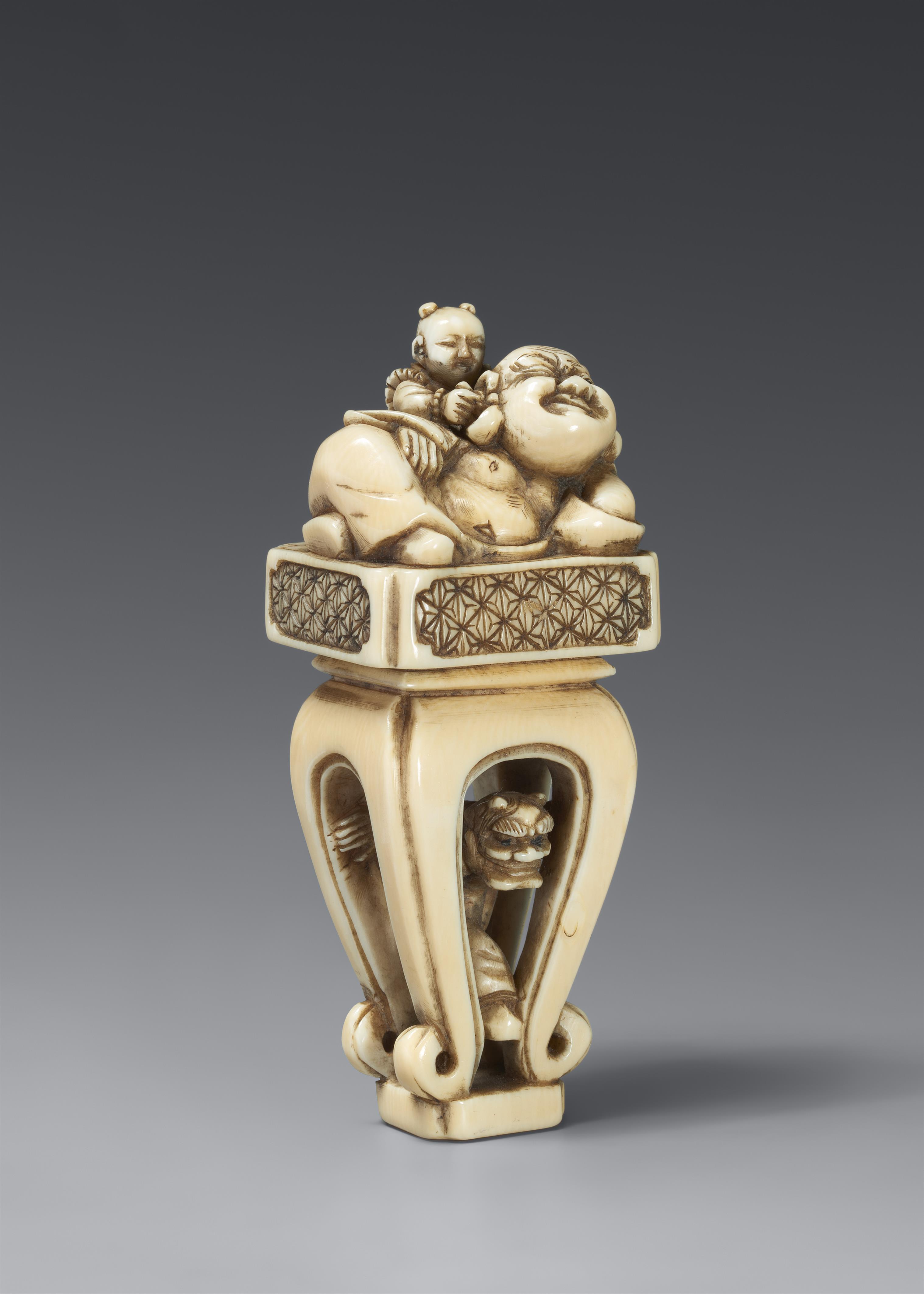 An ivory netsuke of Hotei on a high Chinese-style table. 19th century - image-1