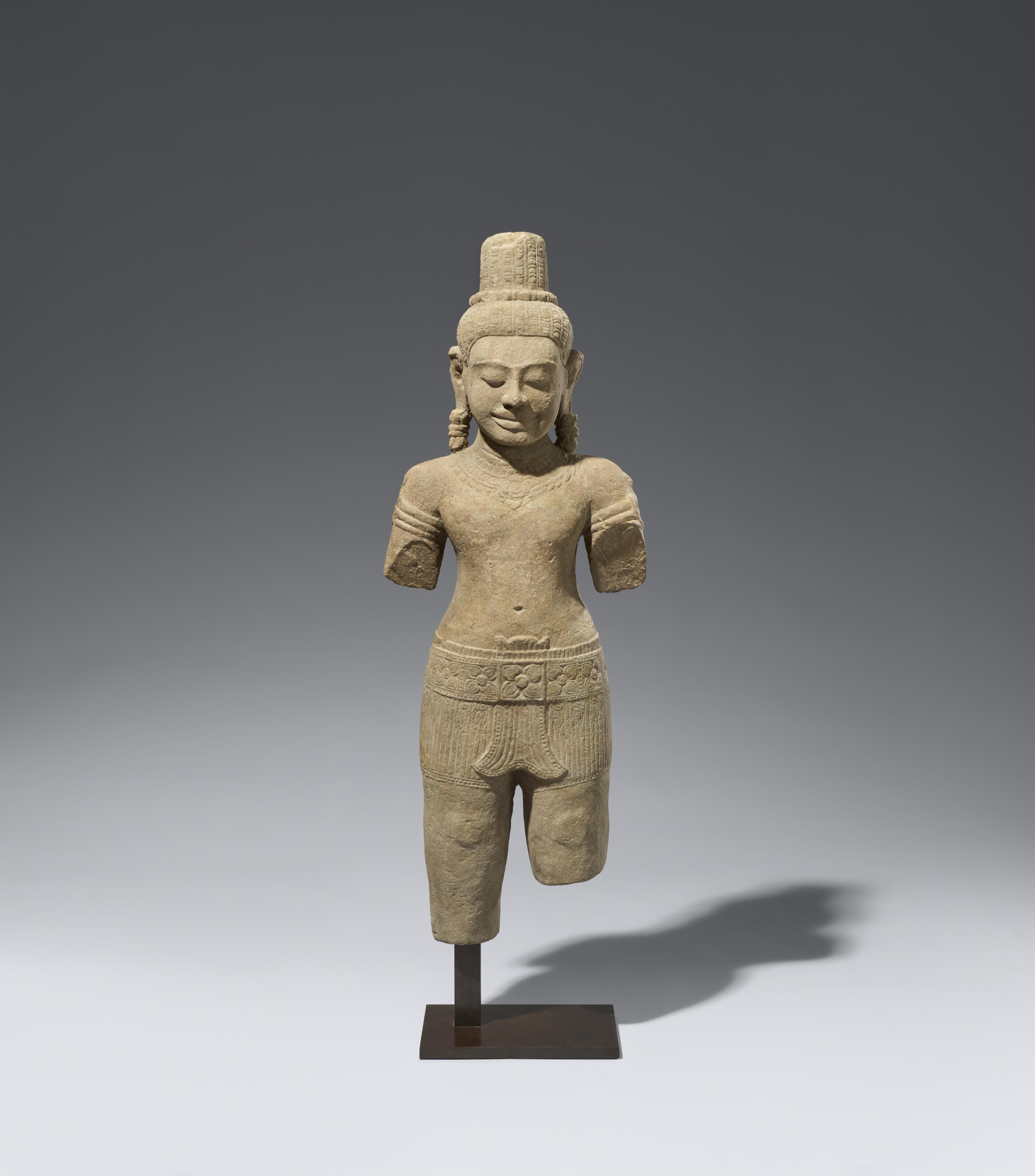 A Bayon sandstone figure of a male deity, possibly Shiva. Cambodia. Late 12th/13th century - image-1