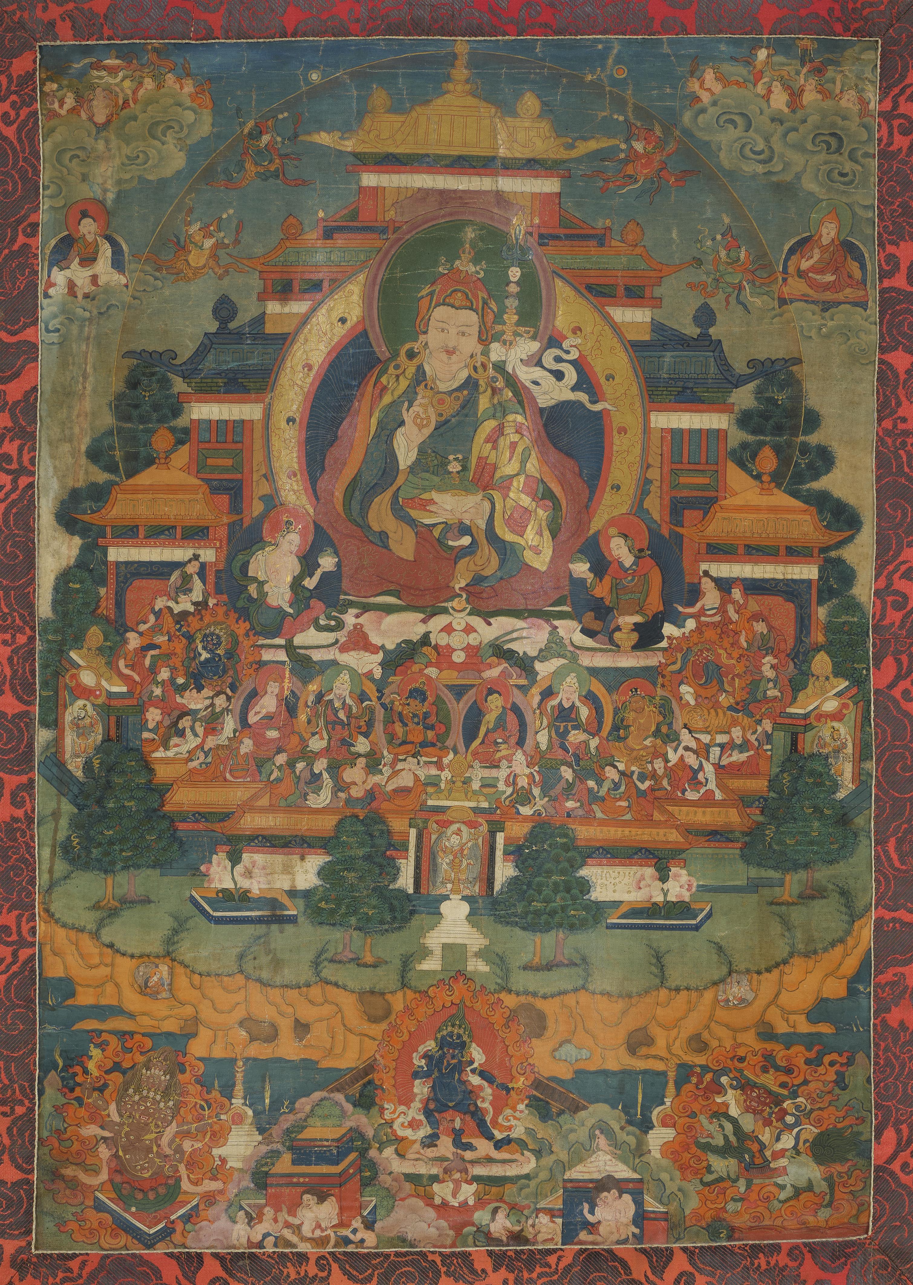 A Thangka of Padmasambhava in Pure Land Copper Coloured Mountain. Tibet, 18th/19th century - image-1