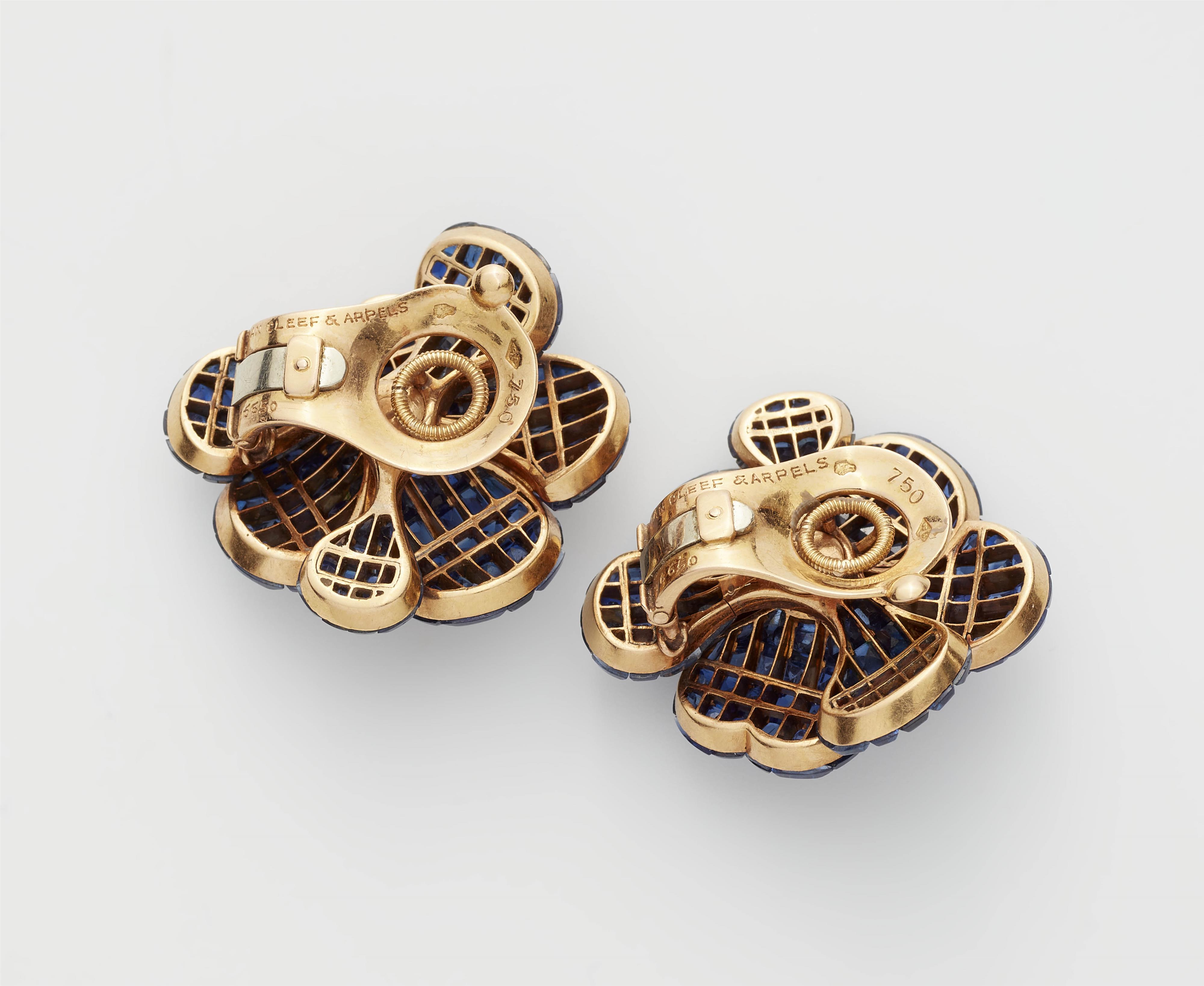 A pair of French 18k yellow gold diamond and mysterious-set sapphire "Pavot" earclips. - image-2