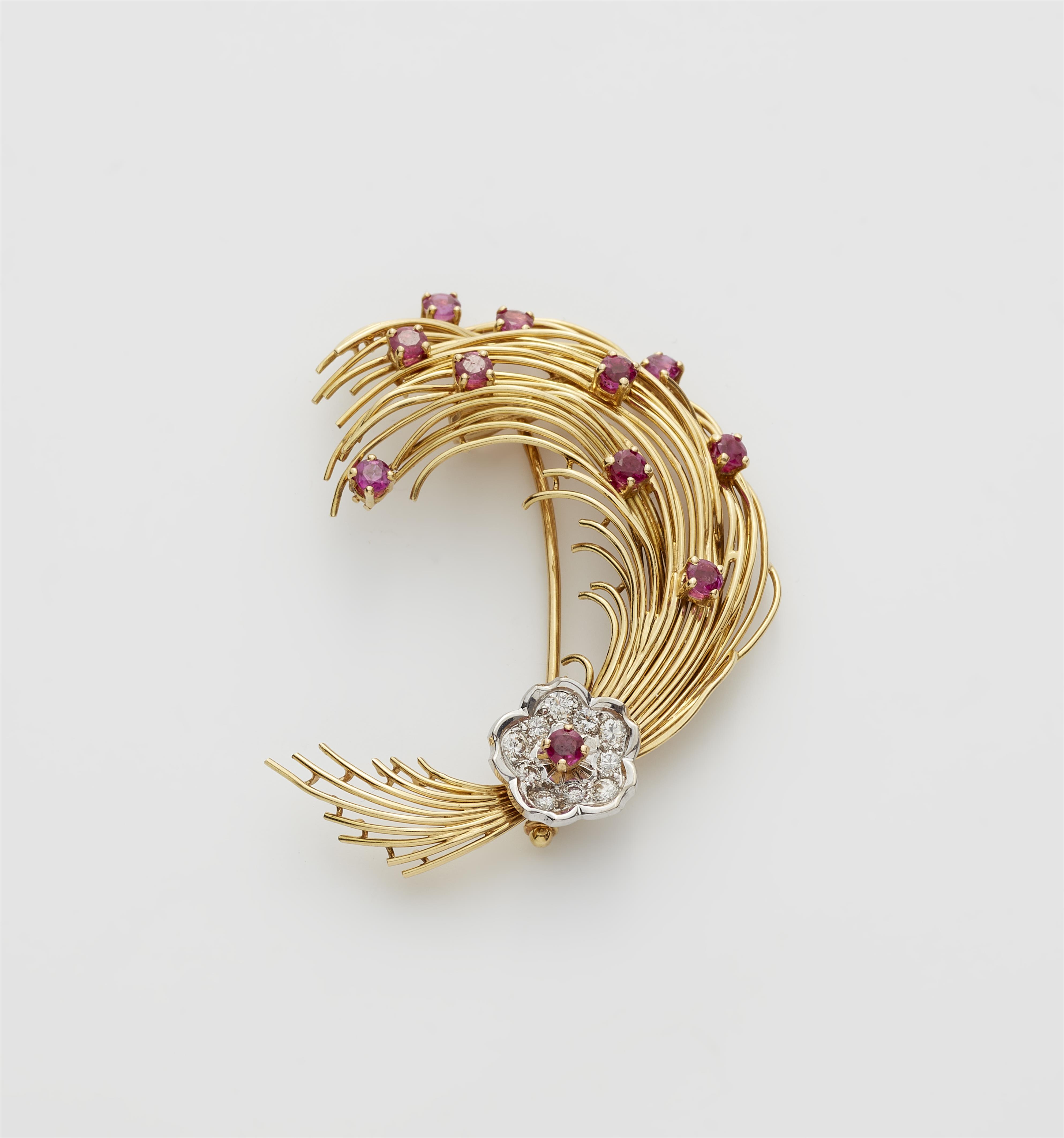 A German 18k gold wire Burma ruby and diamond bouquet brooch. - image-1