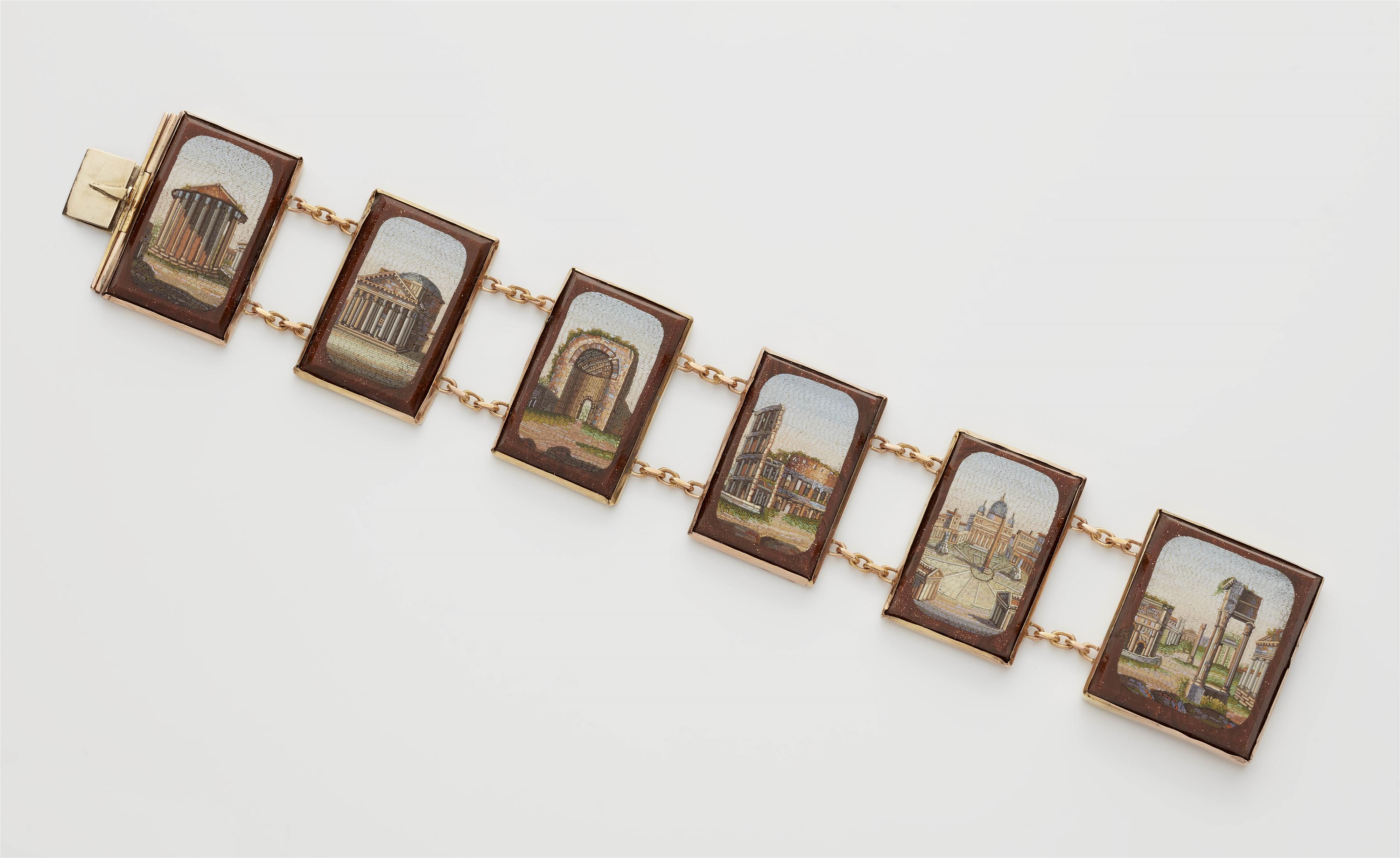 An 18k gold and polychrome glass micromosaic souvenir bracelet depicting Roman views. - image-1