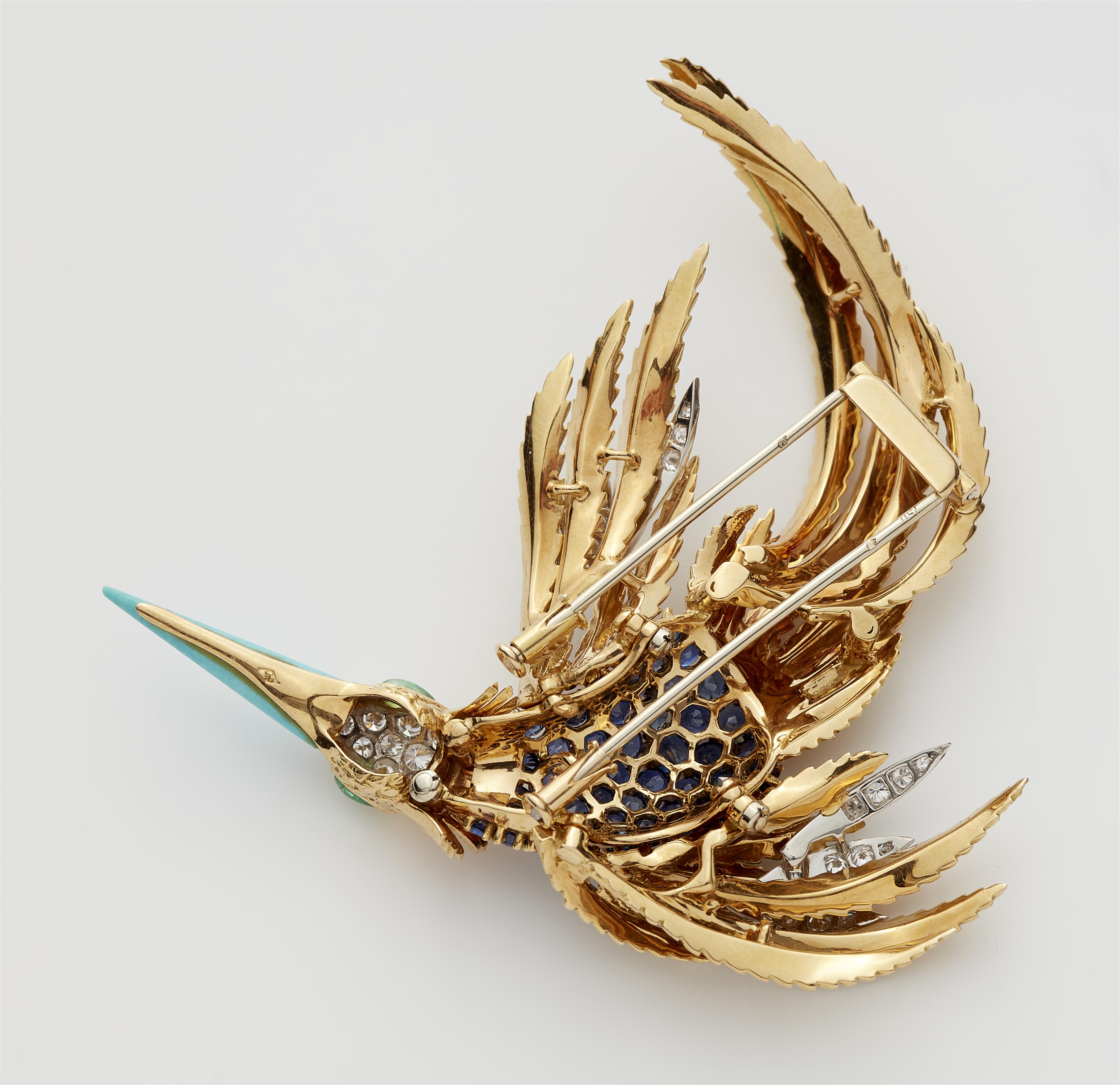 A French 18k gold diamond sapphire and turquoise bird of paradise brooch in the manner of Sterlé. - image-3