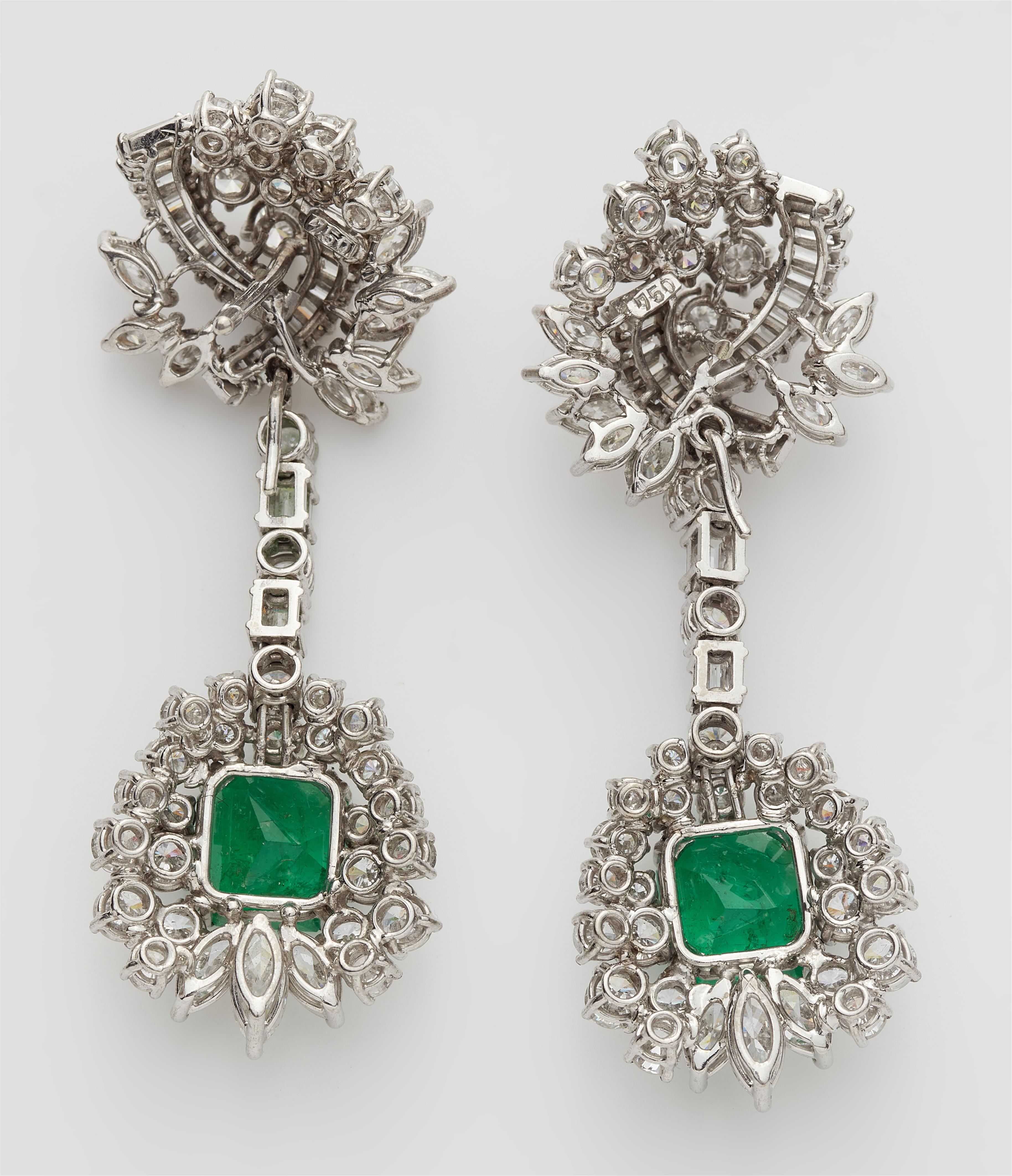 A pair of 18k white gold diamond and emerald cocktail earrings. - image-2
