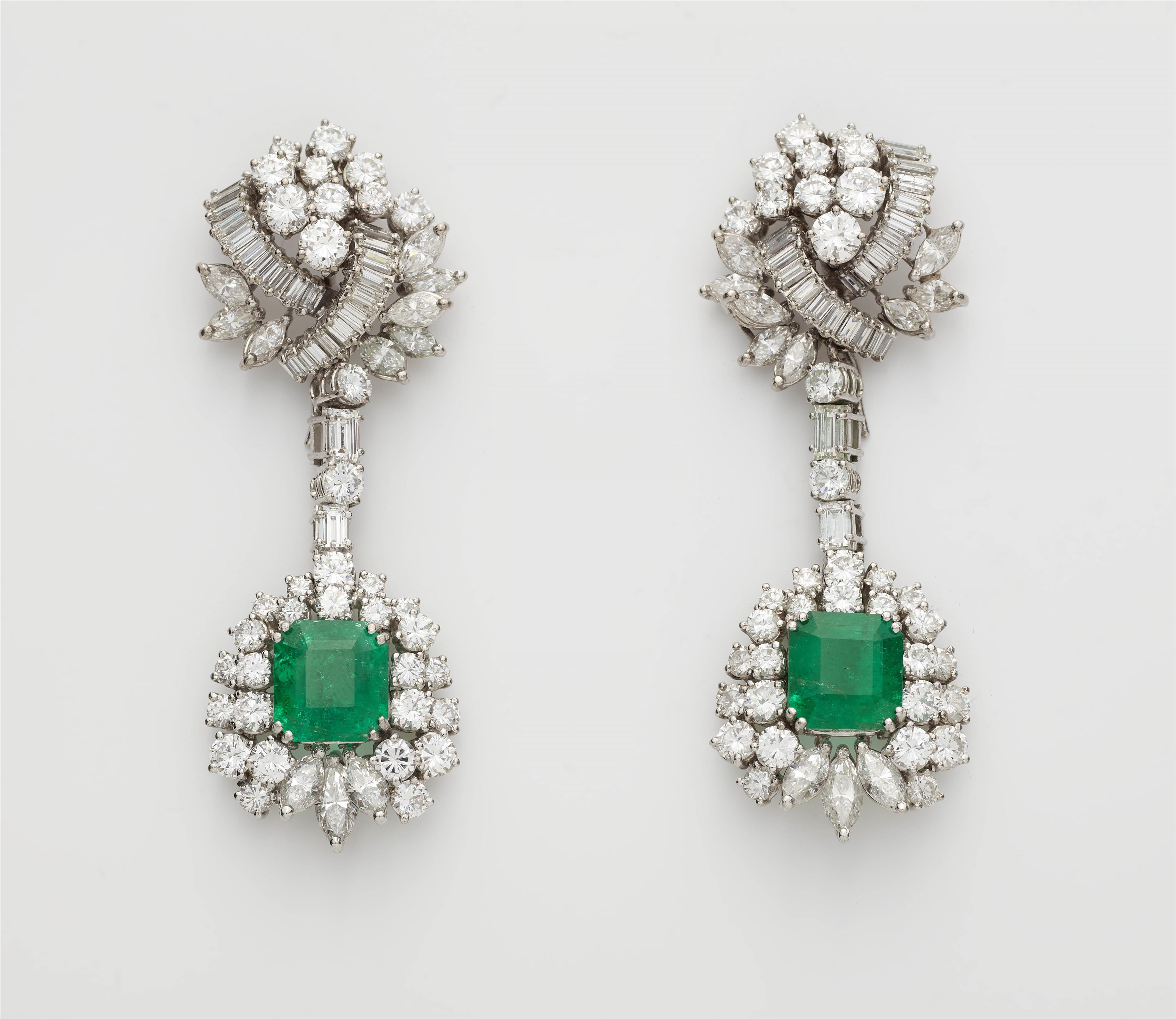 A pair of 18k white gold diamond and emerald cocktail earrings. - image-1