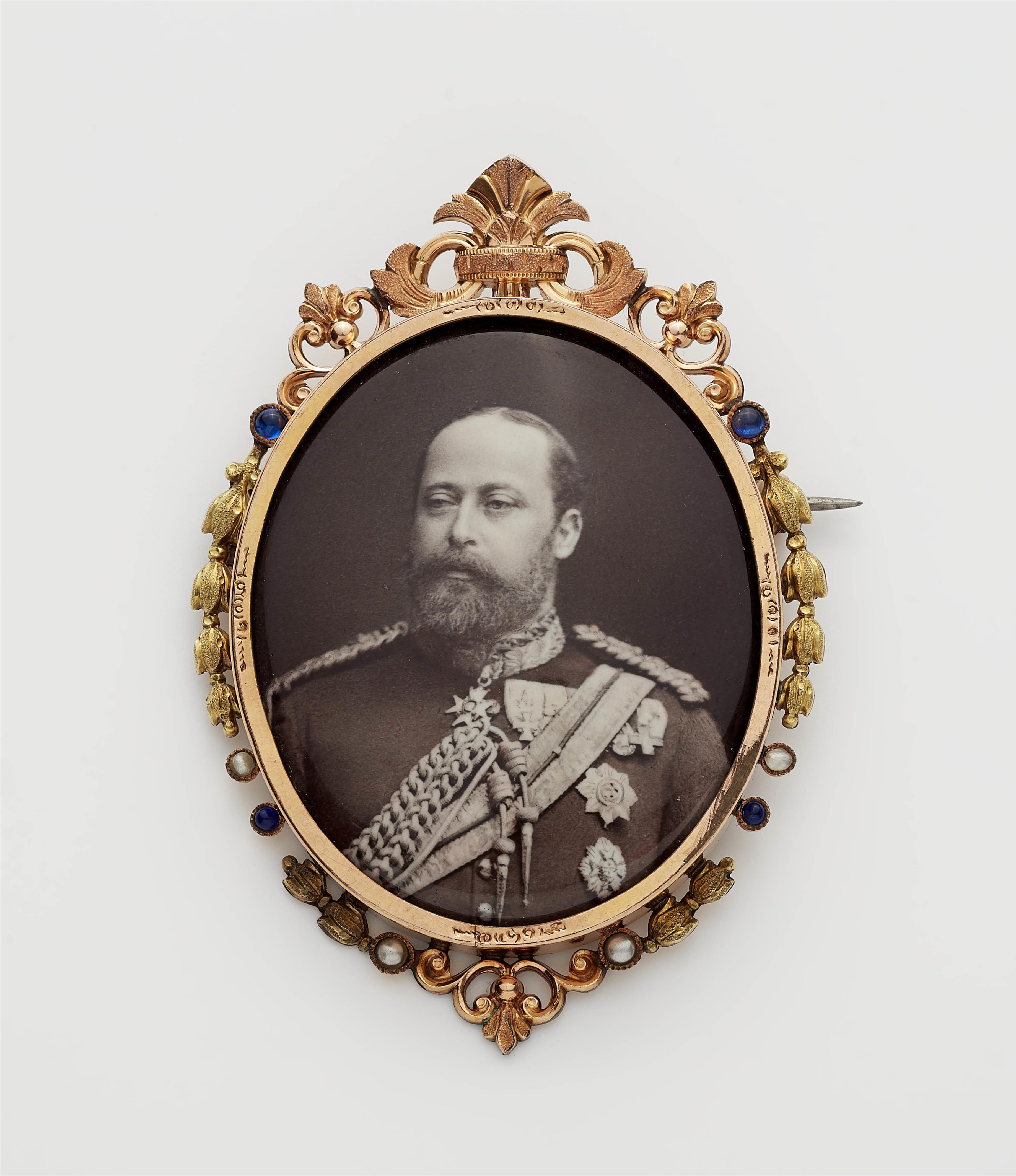 A late Victorian gilt brooch with an enamel portrait of Prince Albert Edward of Wales, signed and dated to reverse. - image-1