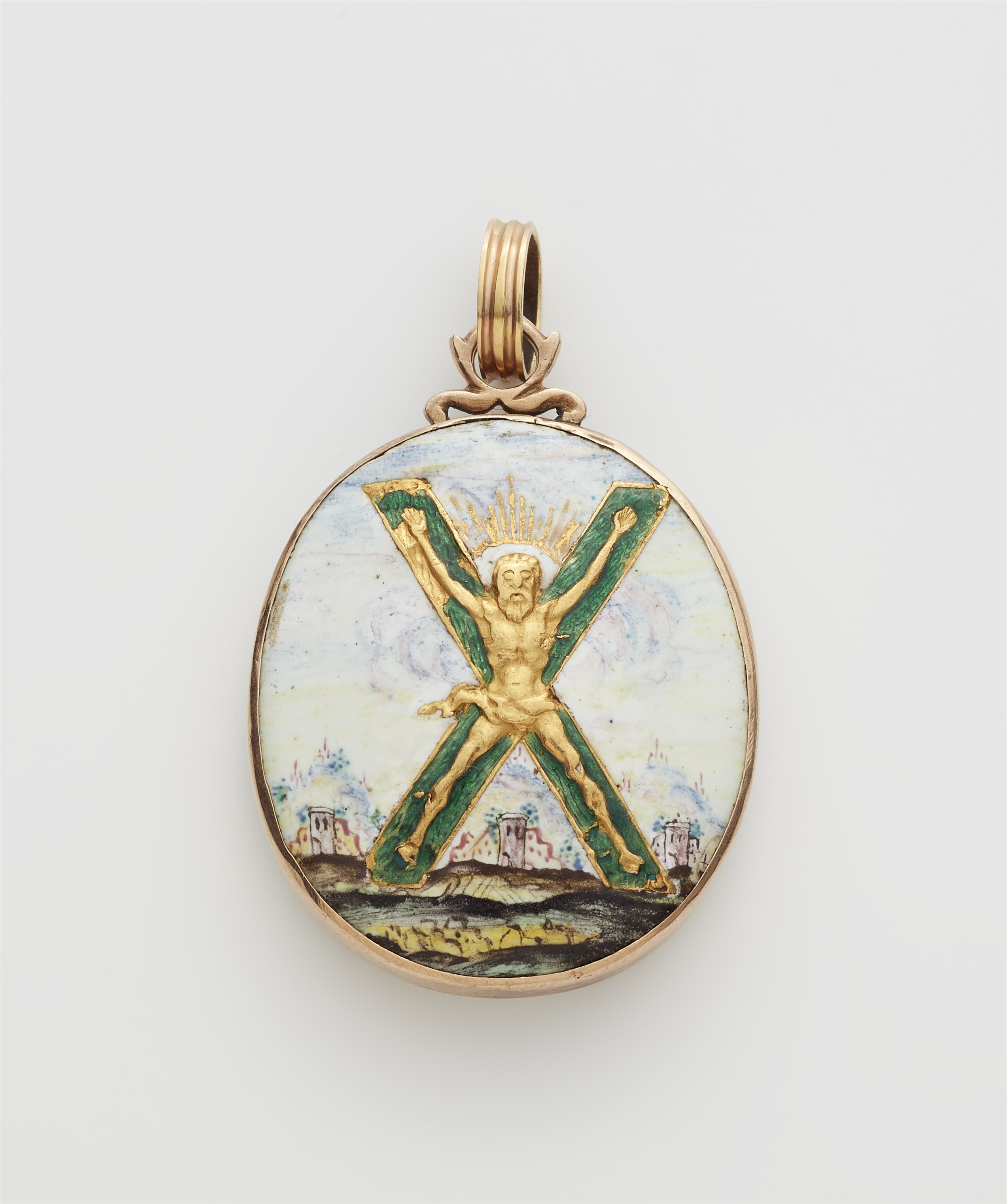 A 14k red gold and enamel masonic locket of the St. Andrew lodge. - image-1