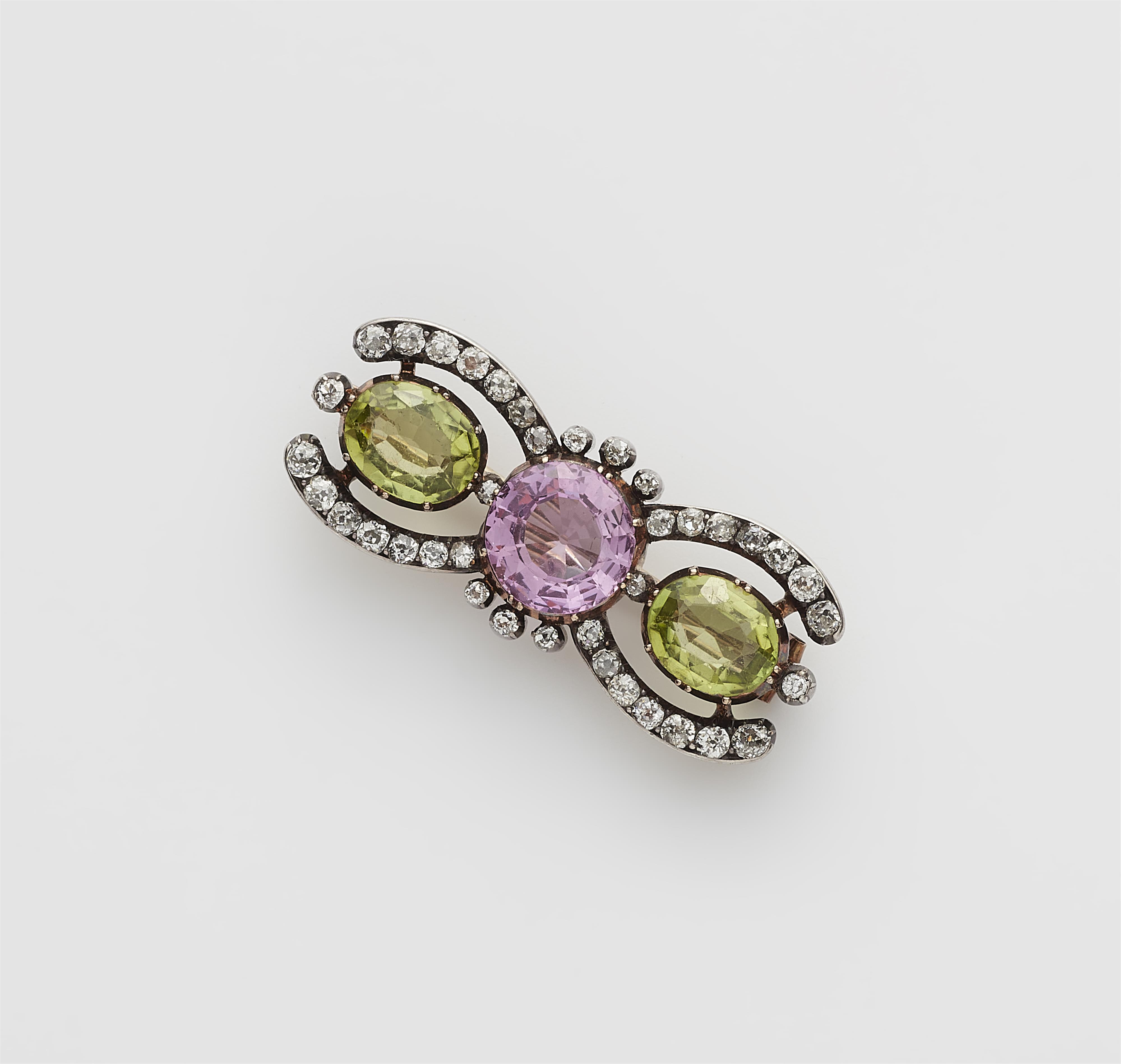 A 14k red gold silver pink topaz and peridot bar brooch. - image-1