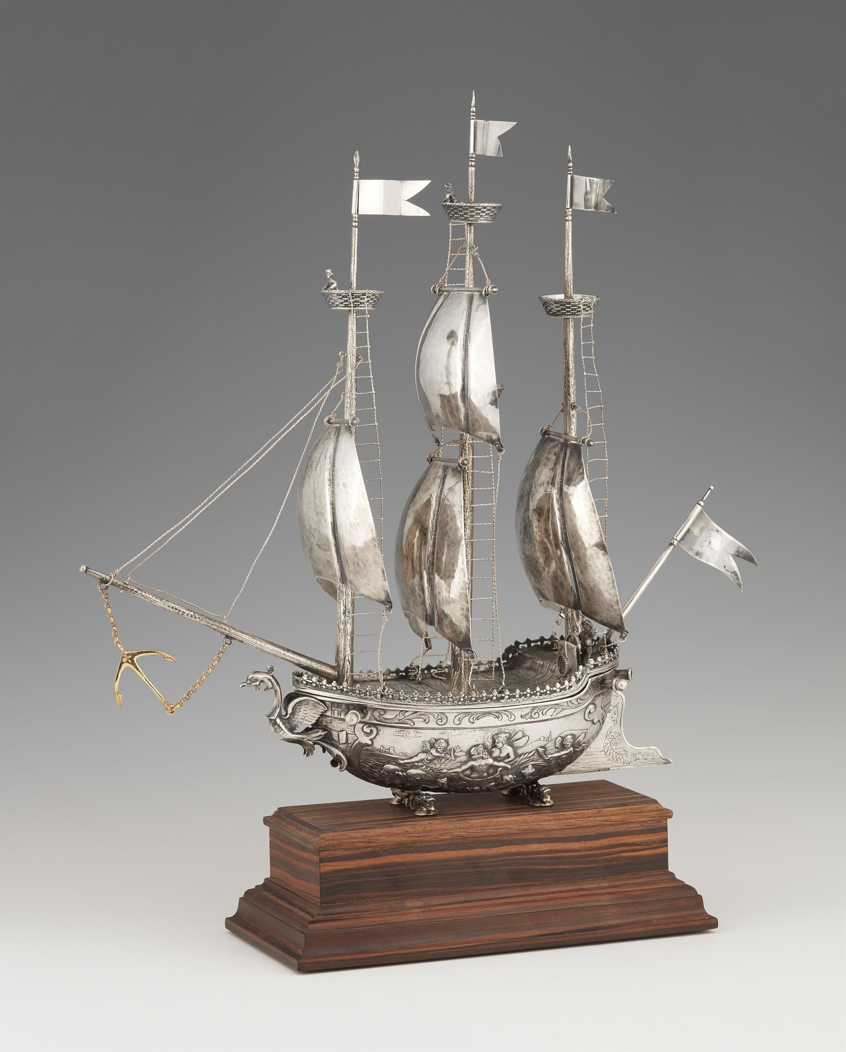 A Belgian silver table centrepiece formed as a ship - image-1