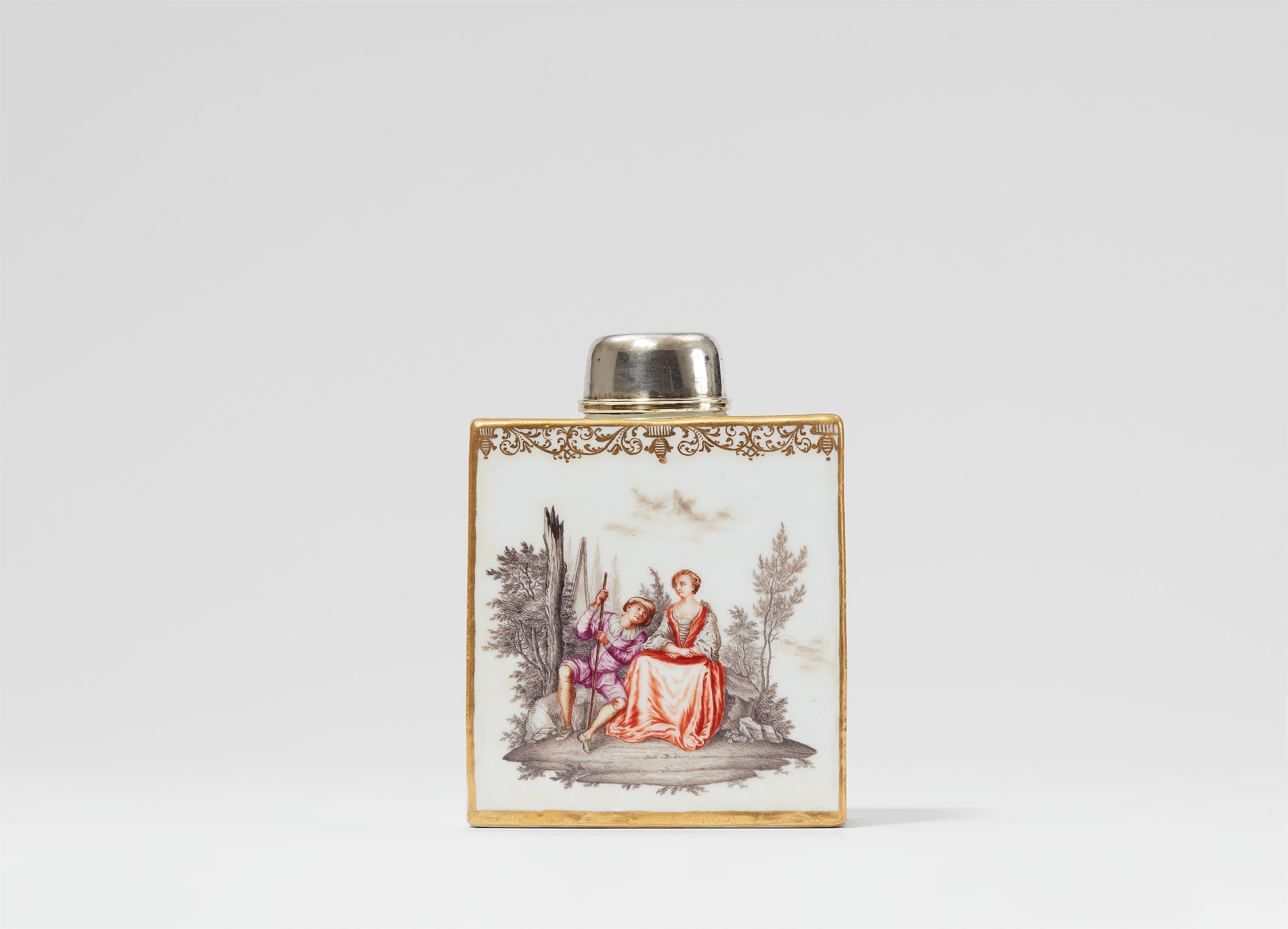 A Meissen porcelain tea caddy with Watteau motifs - image-1