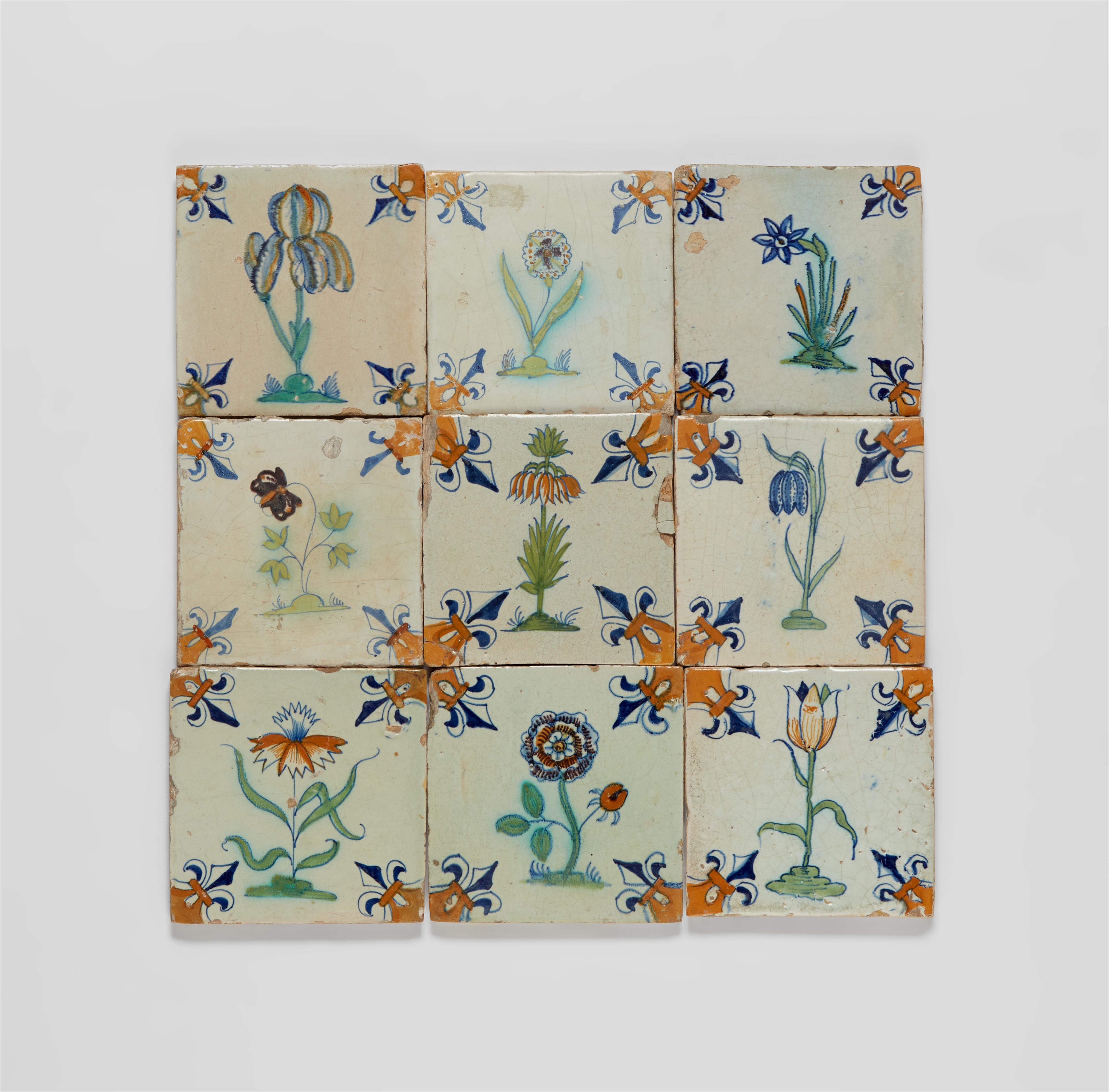 Nine Dutch faience tiles with floral decor - image-2