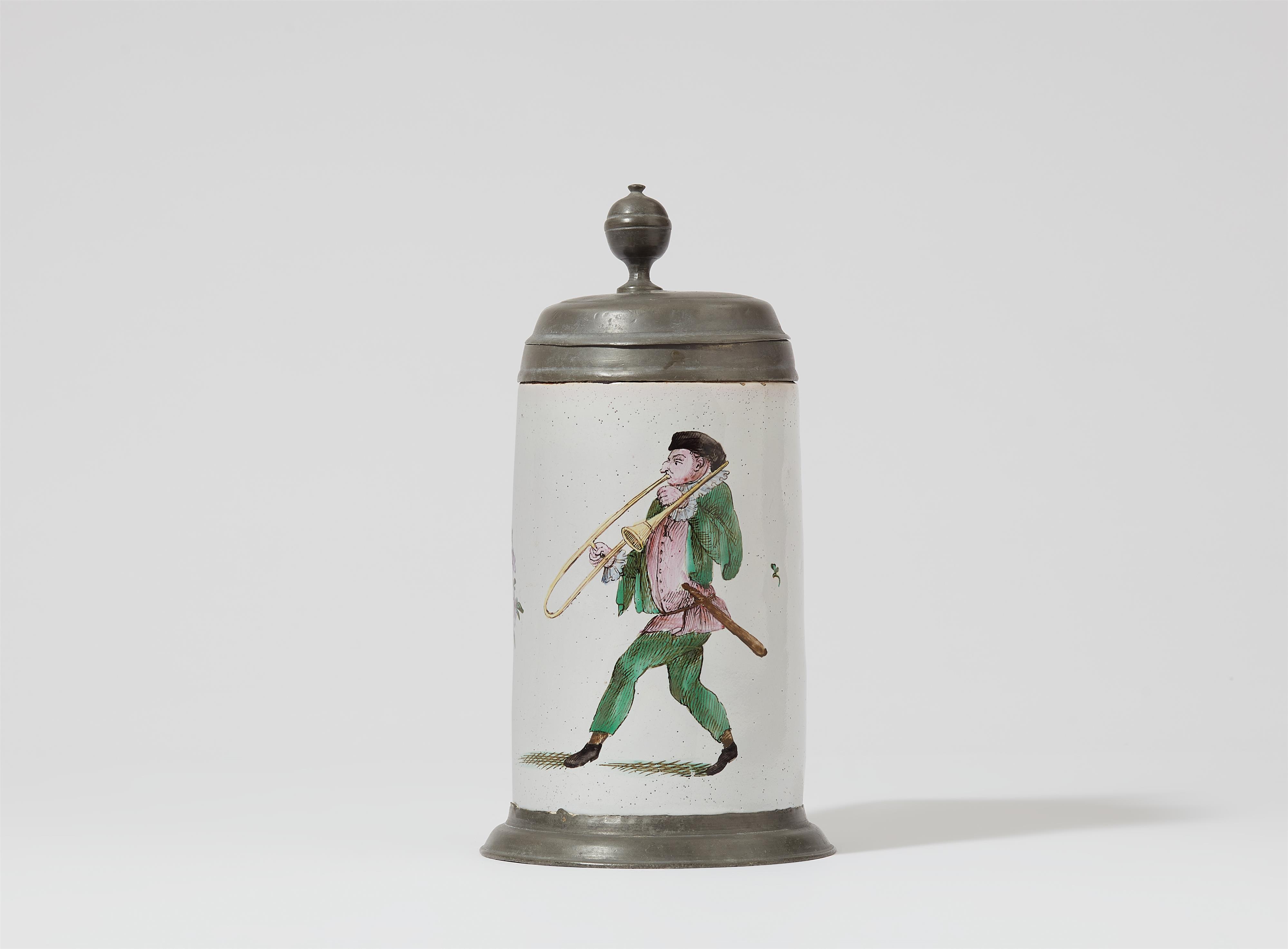 A pewter mounted Prószków faience jug with a musician (trombone) - image-1