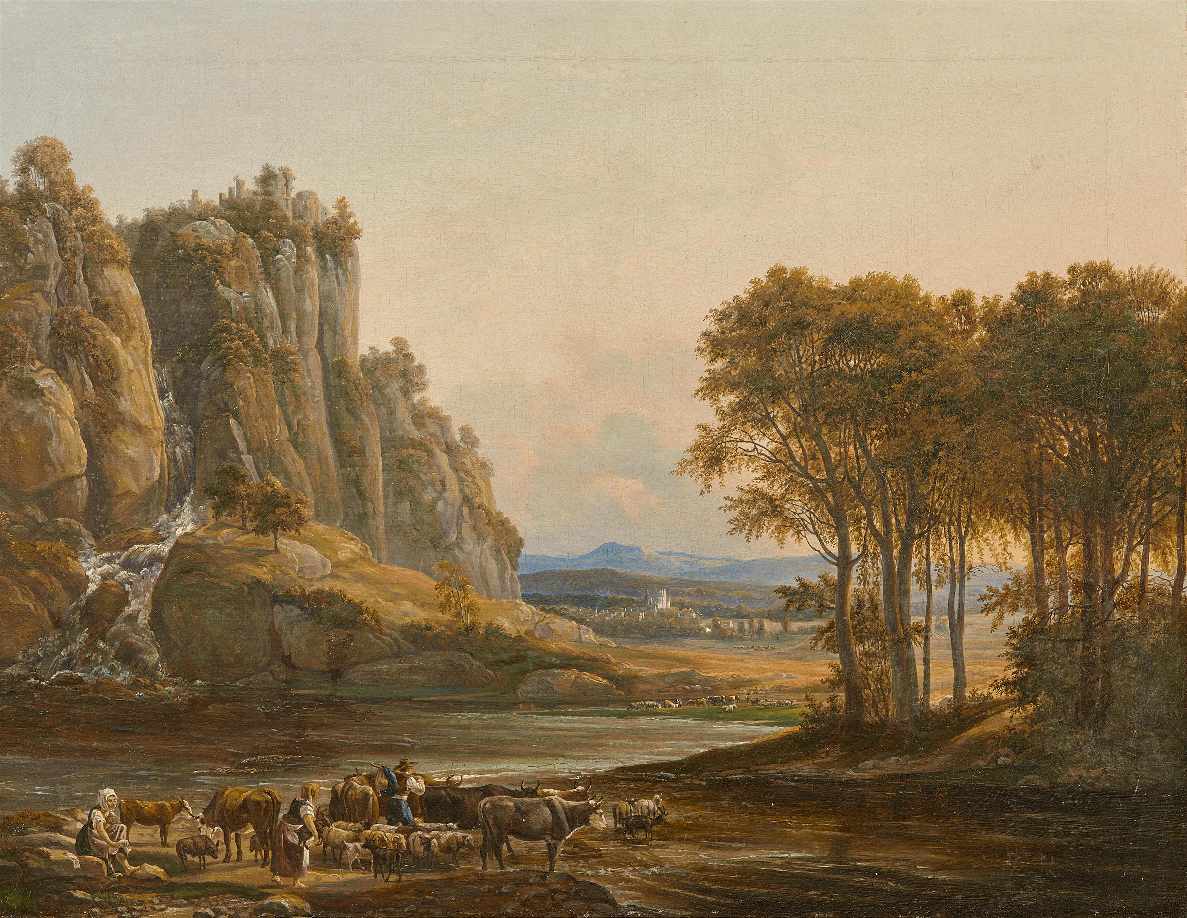 German School 19th century - Rocky River Landscape with Peasants and a Herd of Cattle - image-1