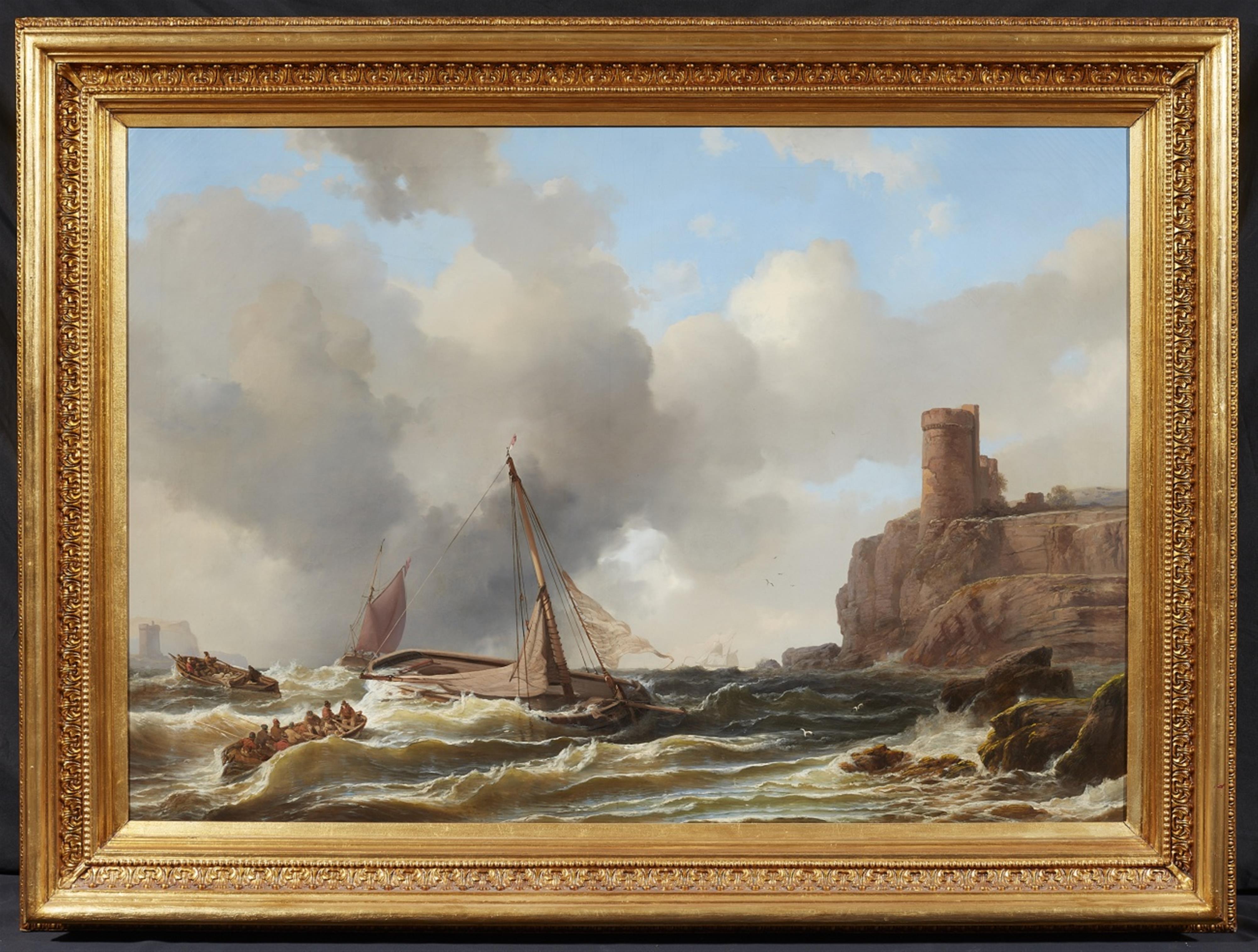 Unknown Artist 19th century - Coastal Landscape with Sailing and Rowing Boats on Choppy Seas and a Round Tower - image-2