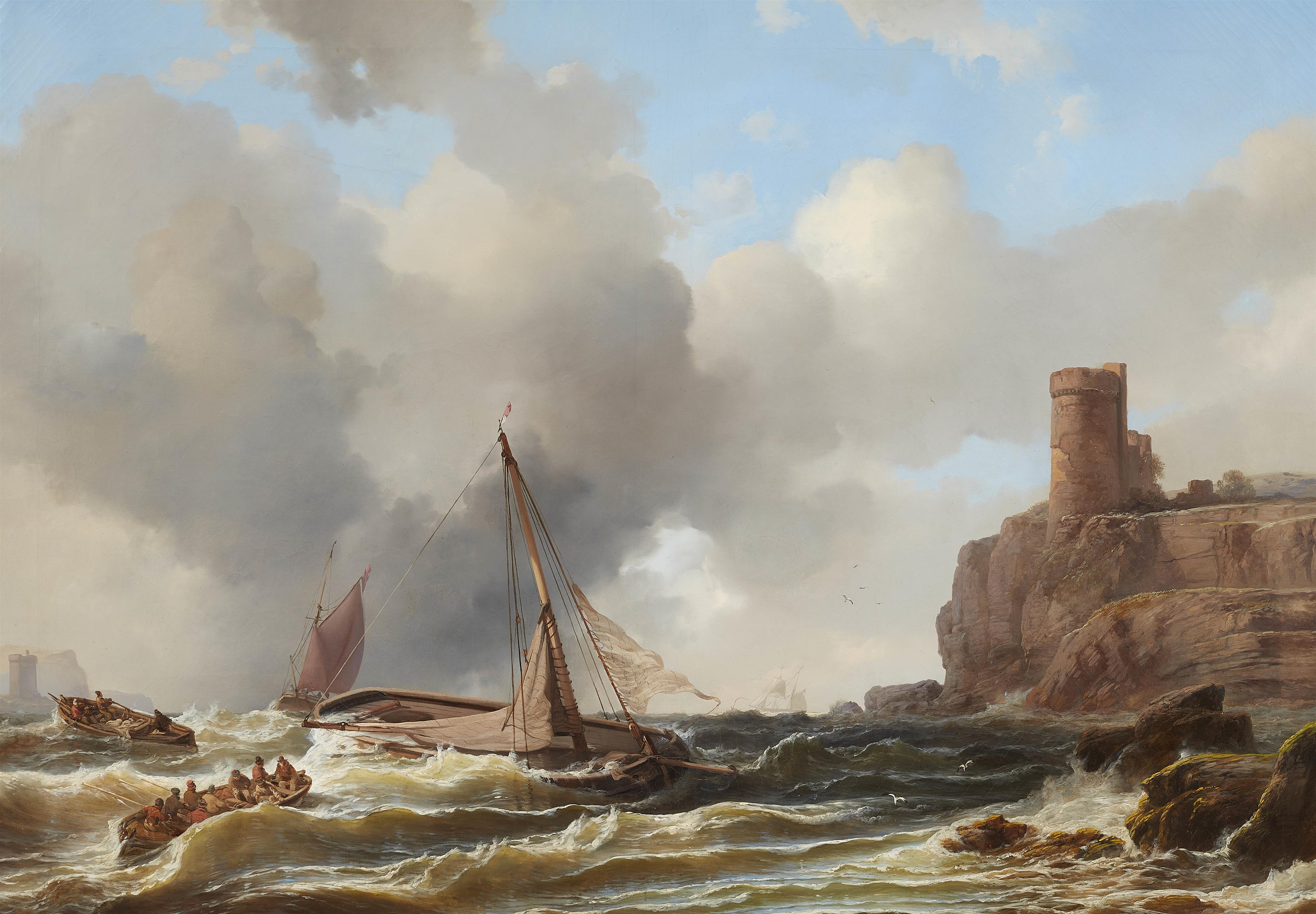 Unknown Artist 19th century - Coastal Landscape with Sailing and Rowing Boats on Choppy Seas and a Round Tower - image-4