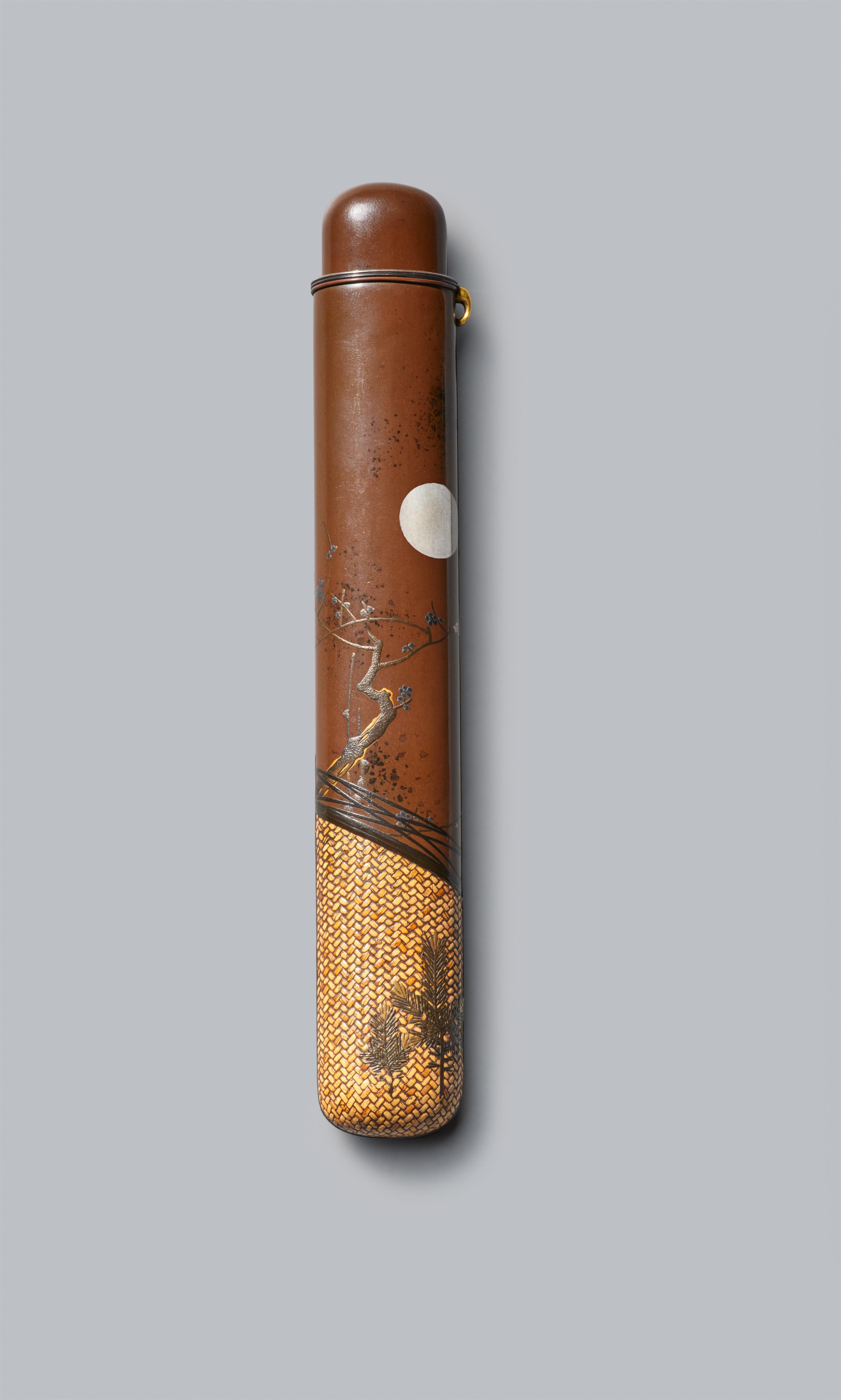A brown lacquer and wickerwork kiseruzutsu. Late 19th century - image-1