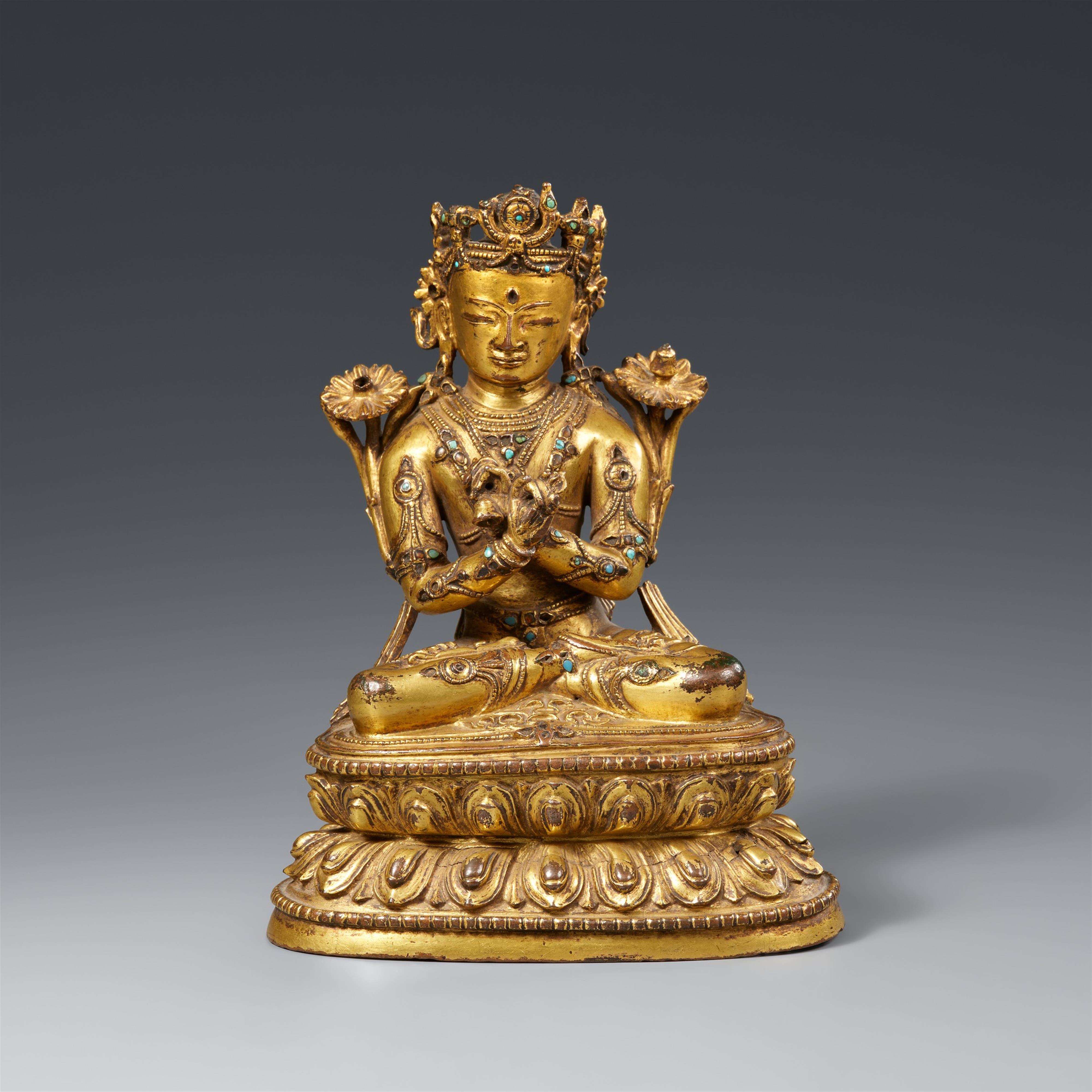 A Tibetan fire-gilt bronze figure of Vajradhara. 15th century - image-1