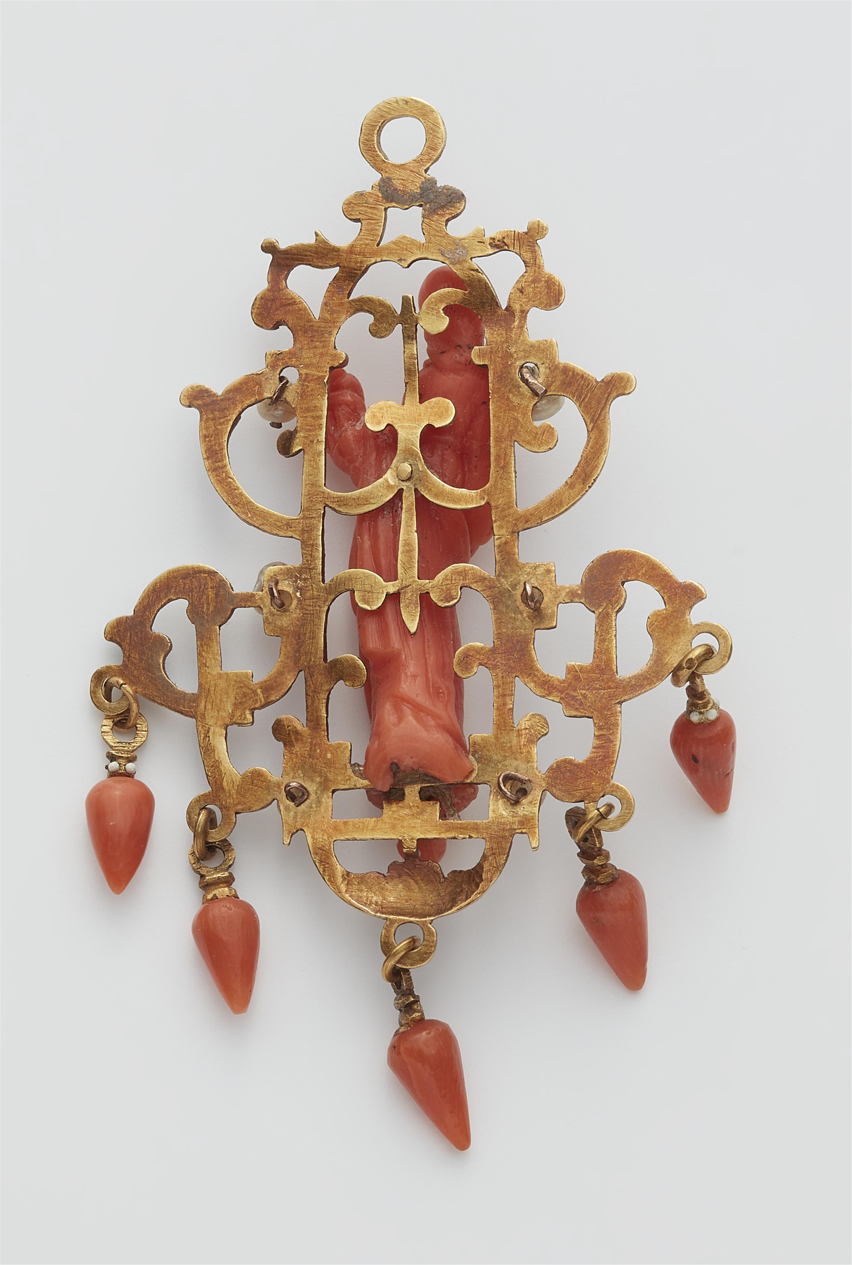 A Sicilian gold, enamel, pearl and carved coral devotional pendant. - image-2